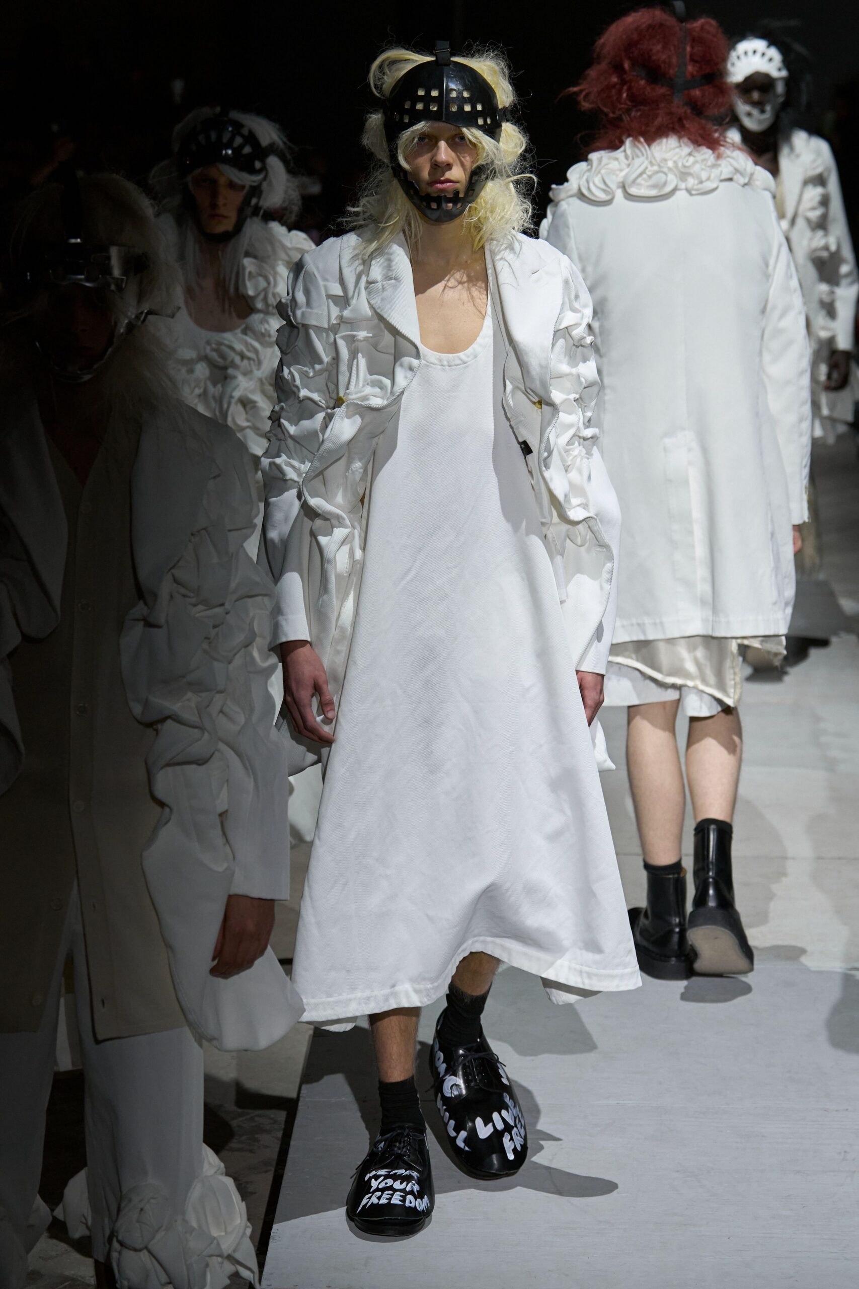 white cotton long-sleeve collared relaxed ruffled coat