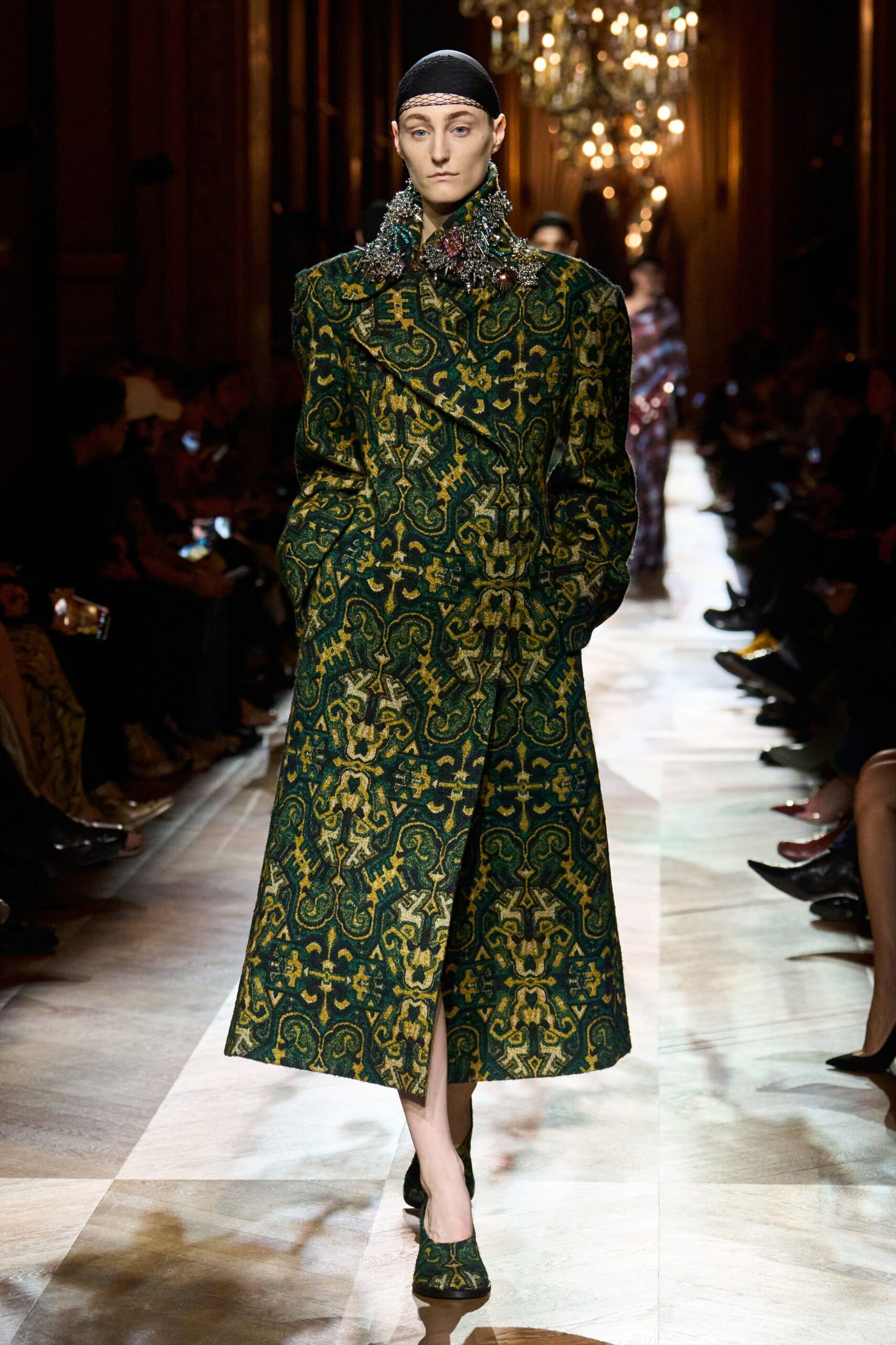 green velvet long-sleeve collared fitted embroidered belted coat