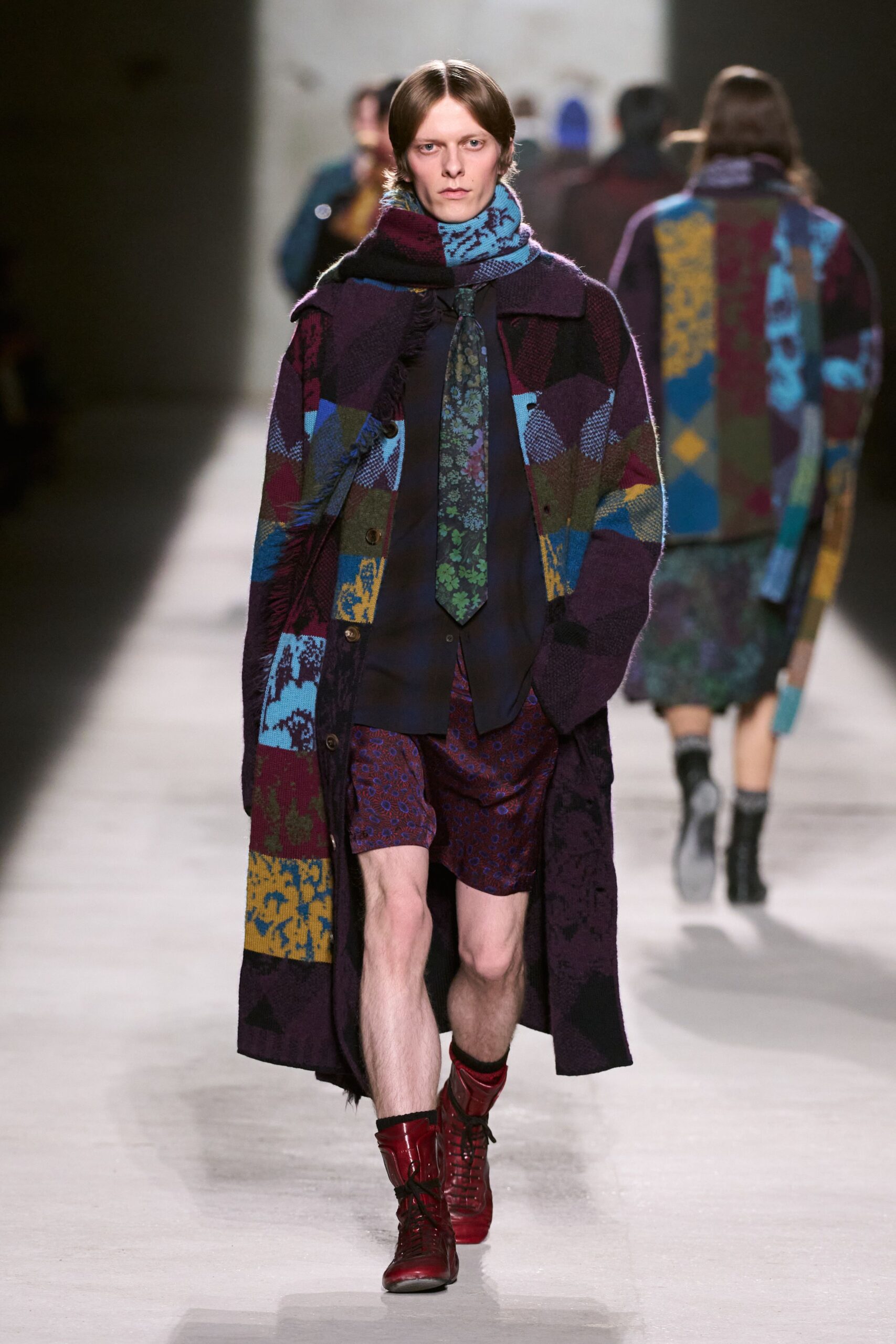 purple wool long-sleeve relaxed patchwork coat