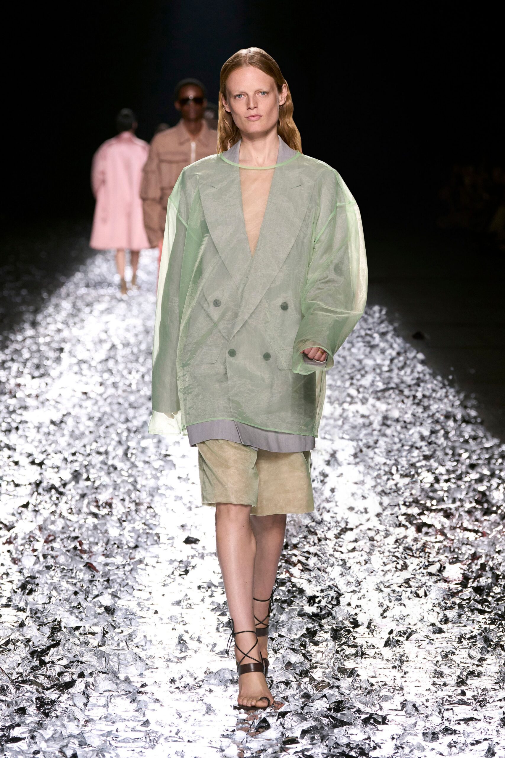 green vinyl long-sleeve collared relaxed sheer jacket