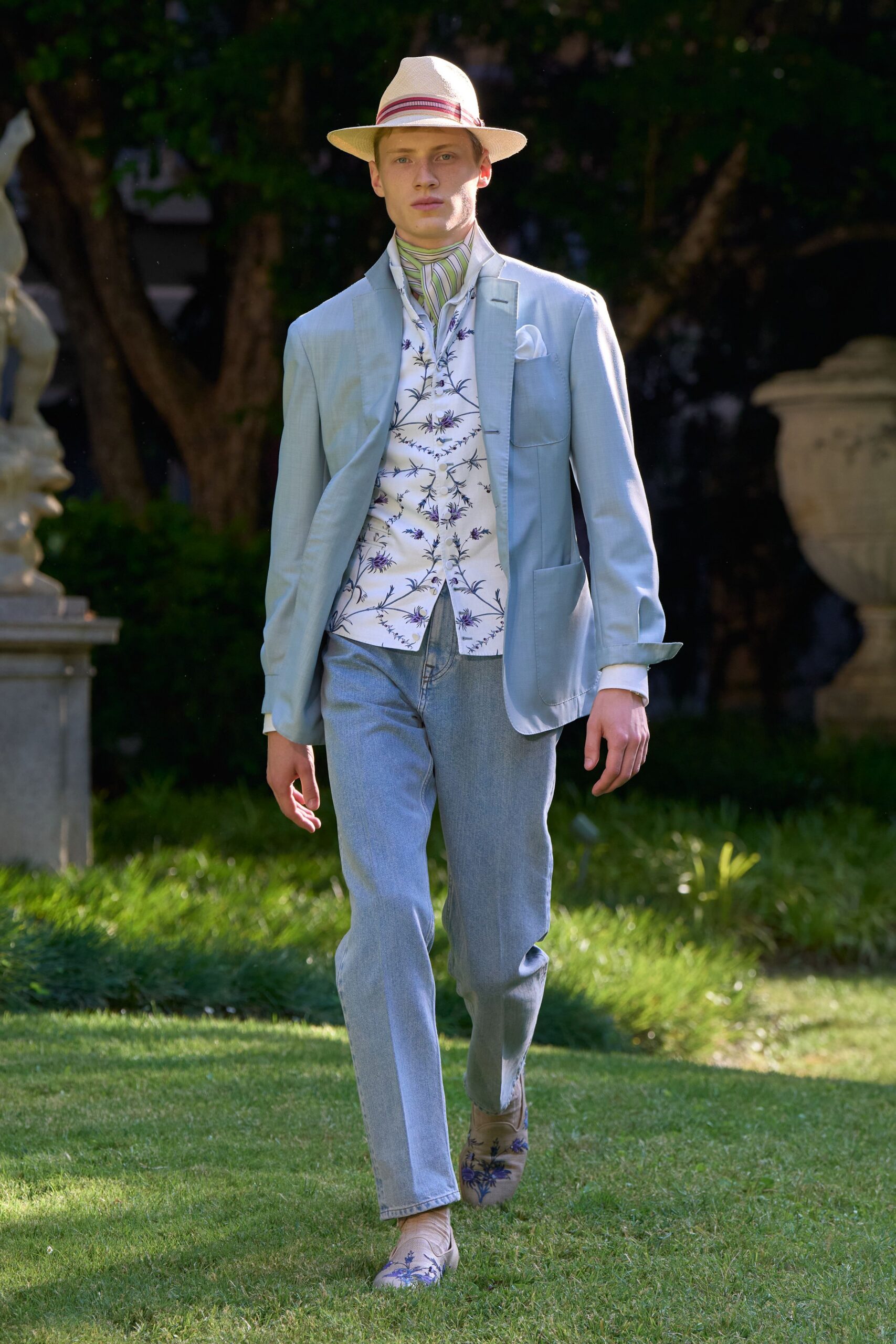light blue tailored blazer with floral shirt