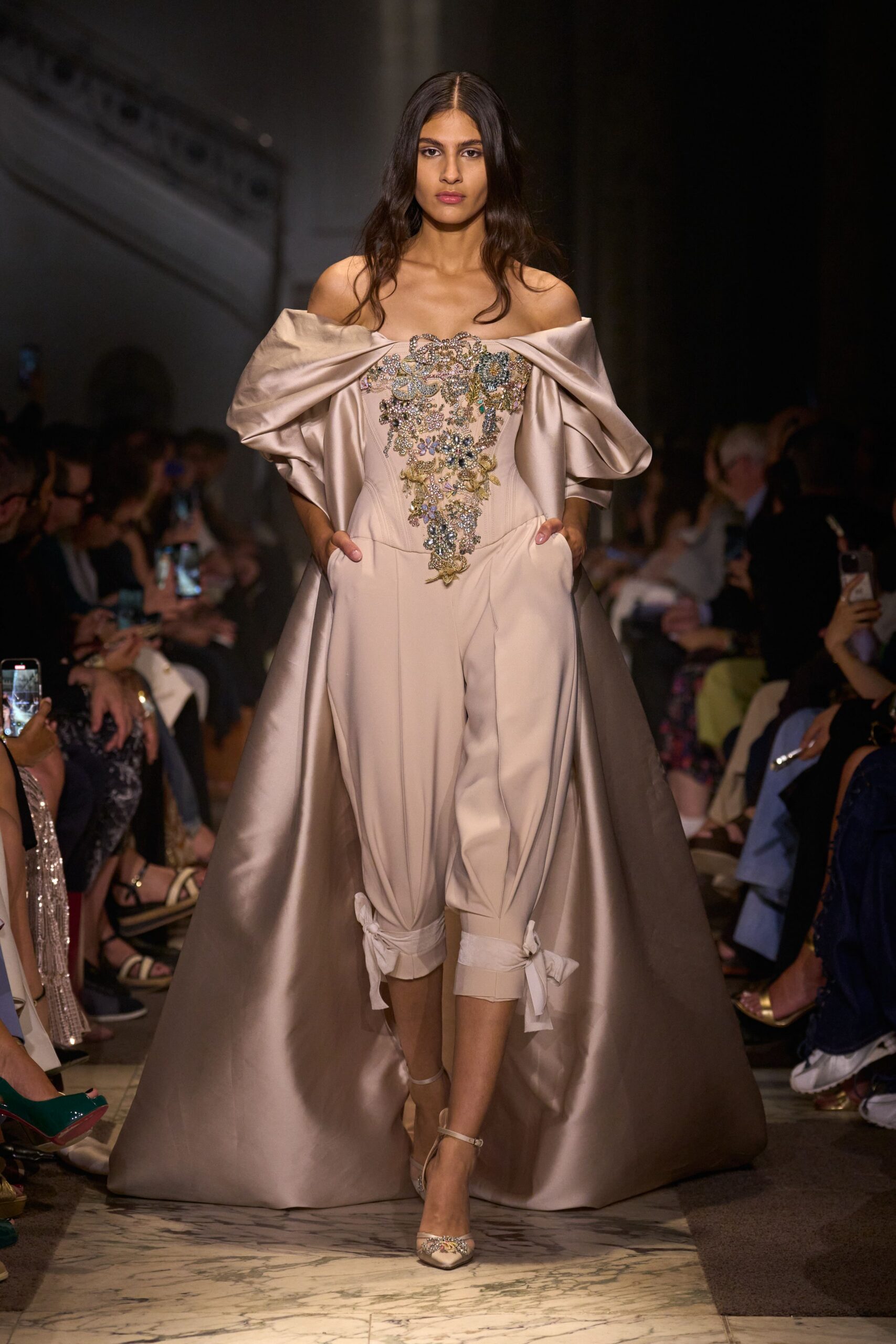beige silk jumpsuit with cape