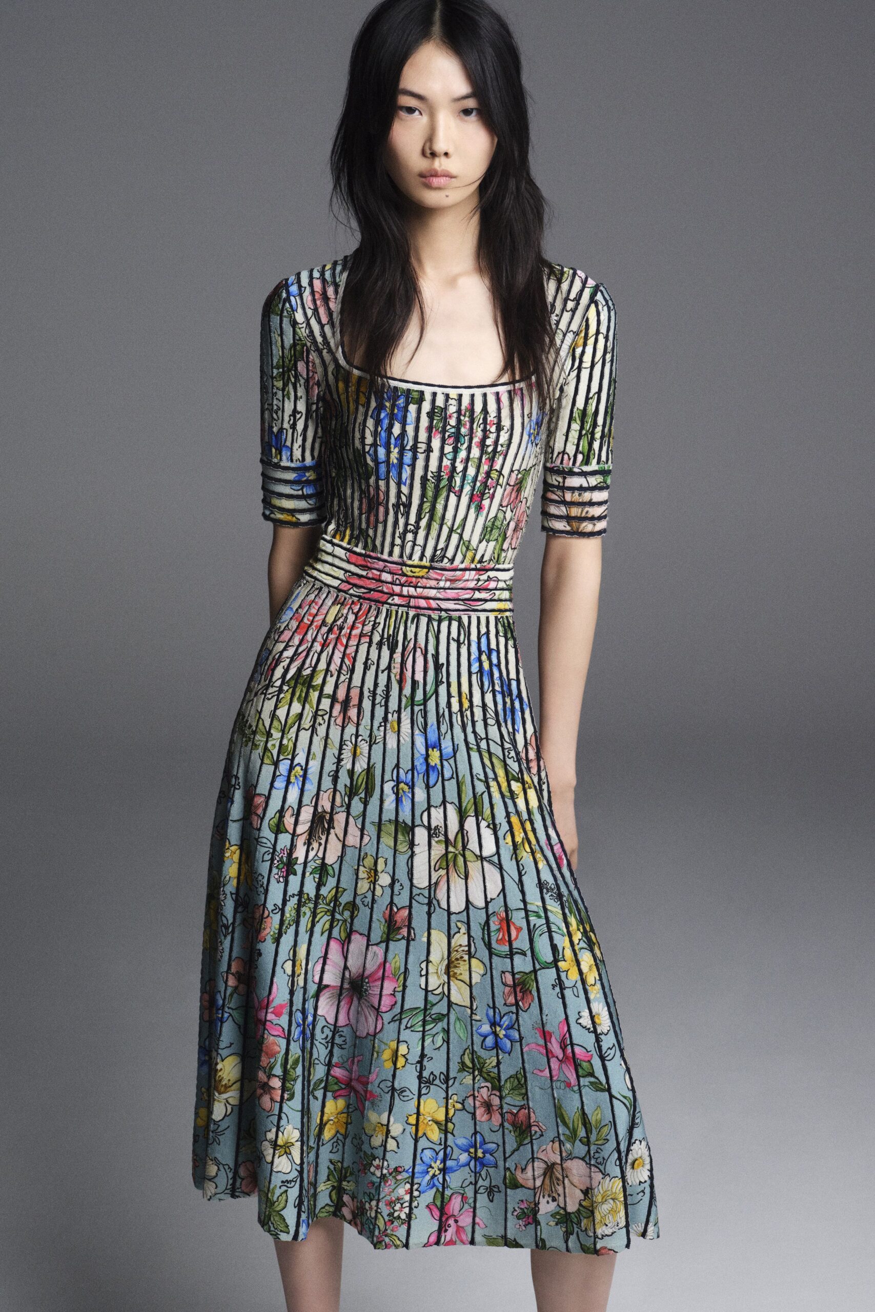 multi-colored floral midi dress