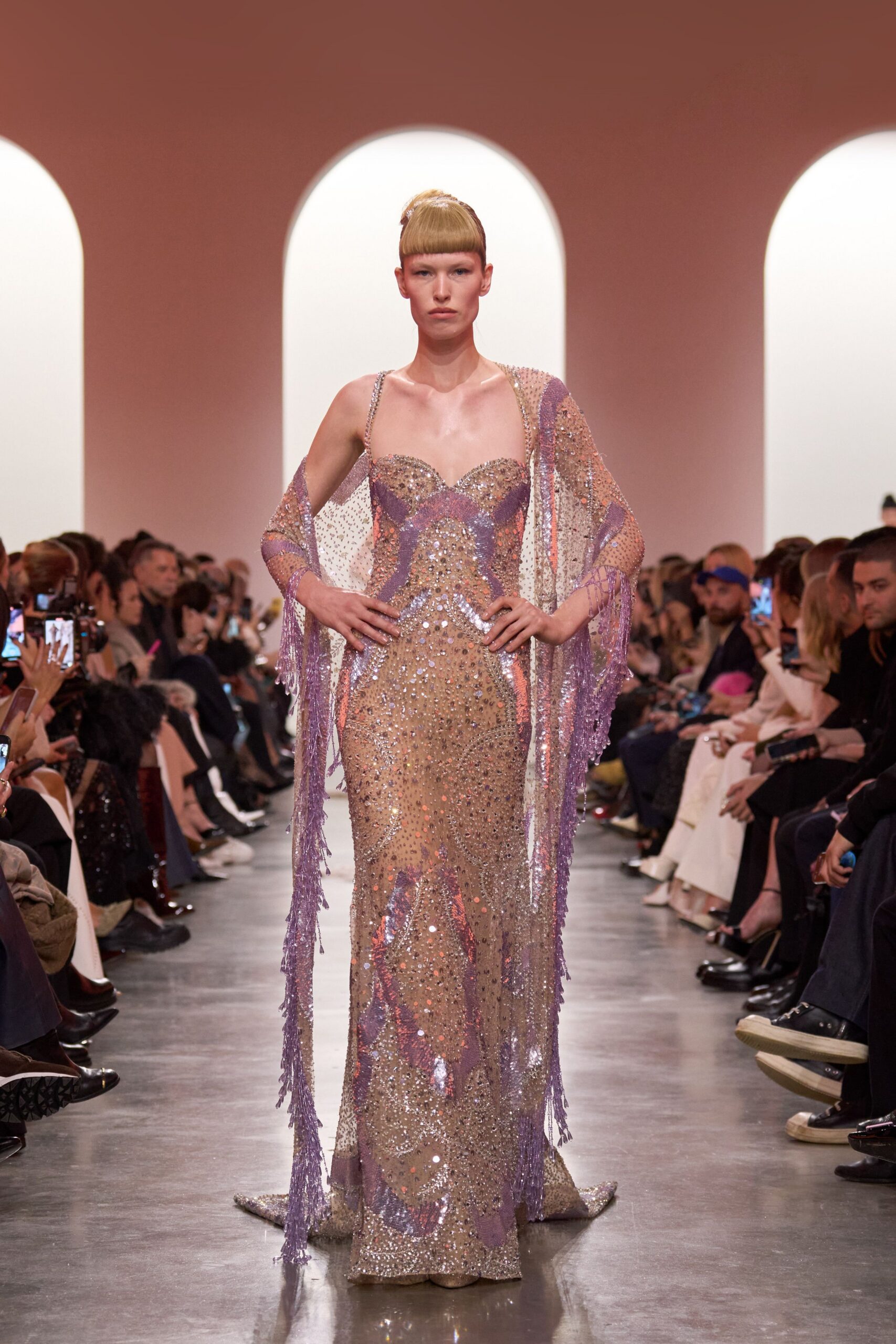 purple sequined fringed gown
