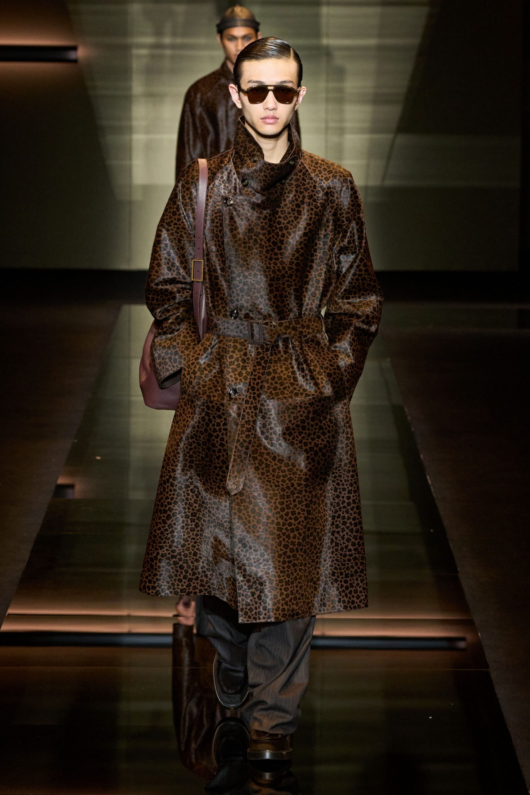 brown leather long-sleeve collared relaxed animal-print belted coat