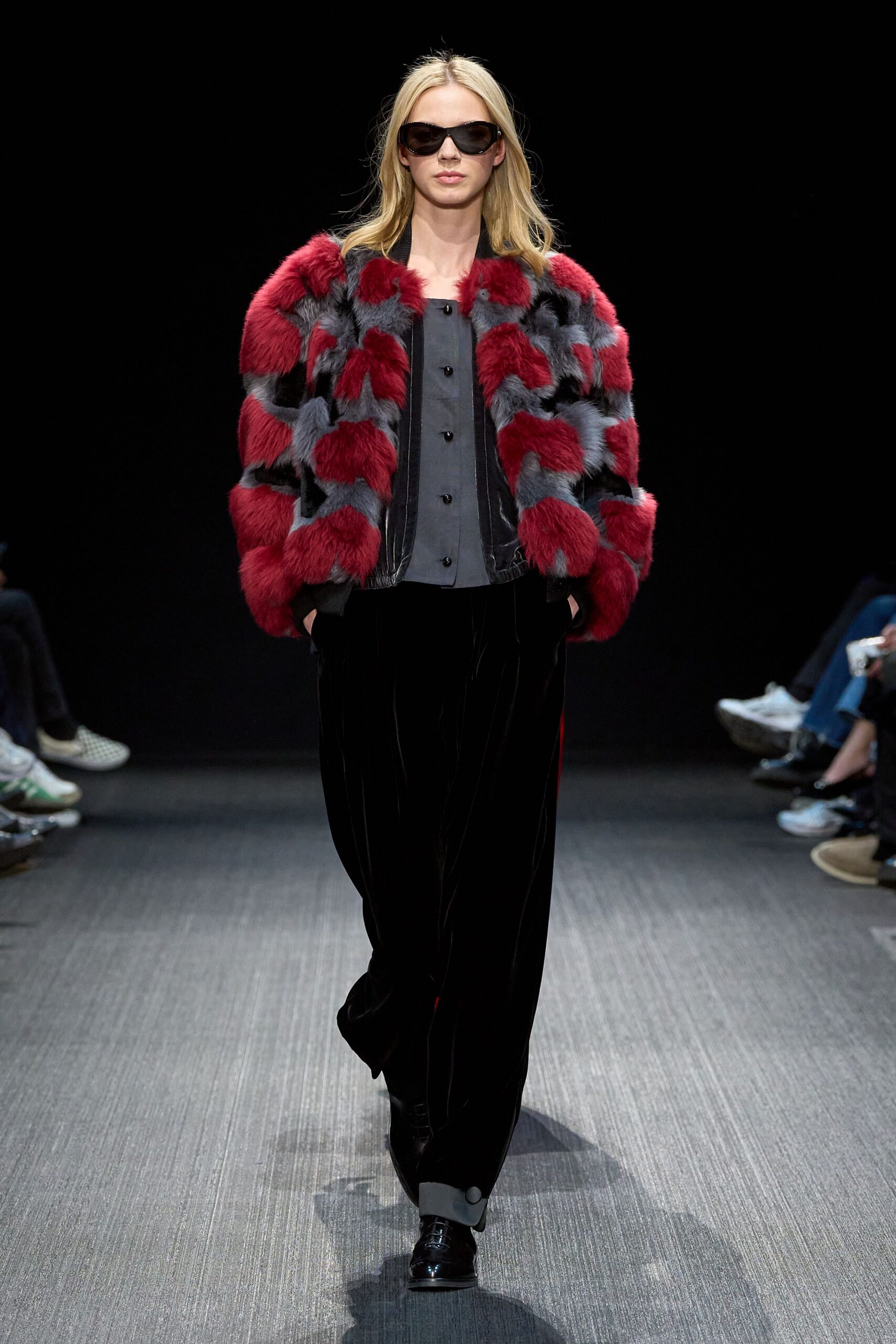 red fur long-sleeve relaxed layered coat