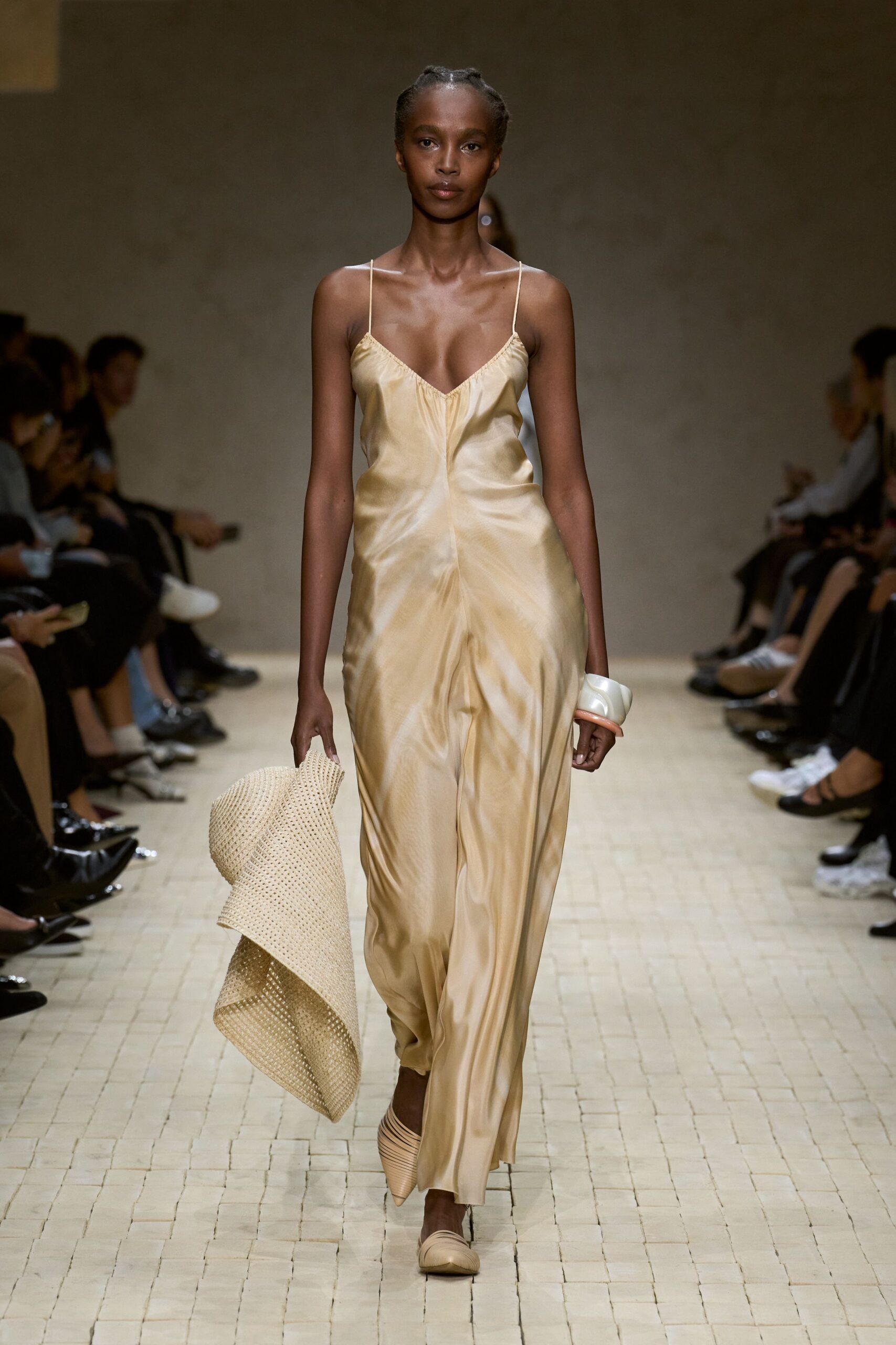 beige silk sleeveless v-neck fitted flowing maxi dress