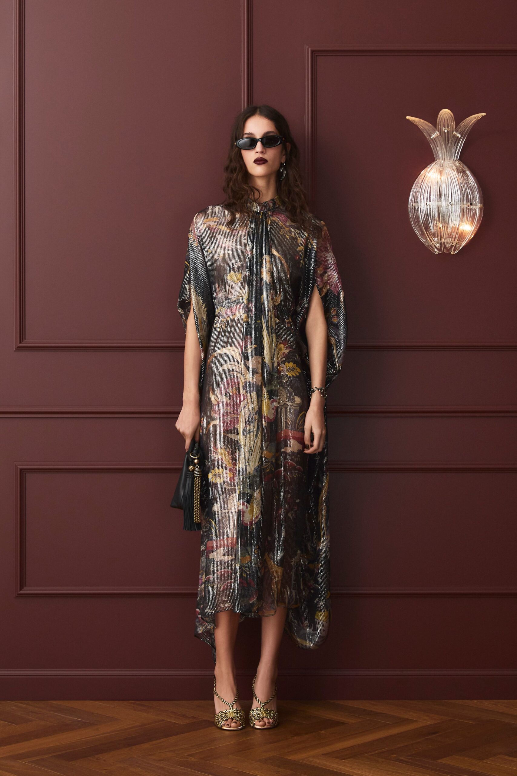 multi silk sleeveless v-neck relaxed draped flowing dress