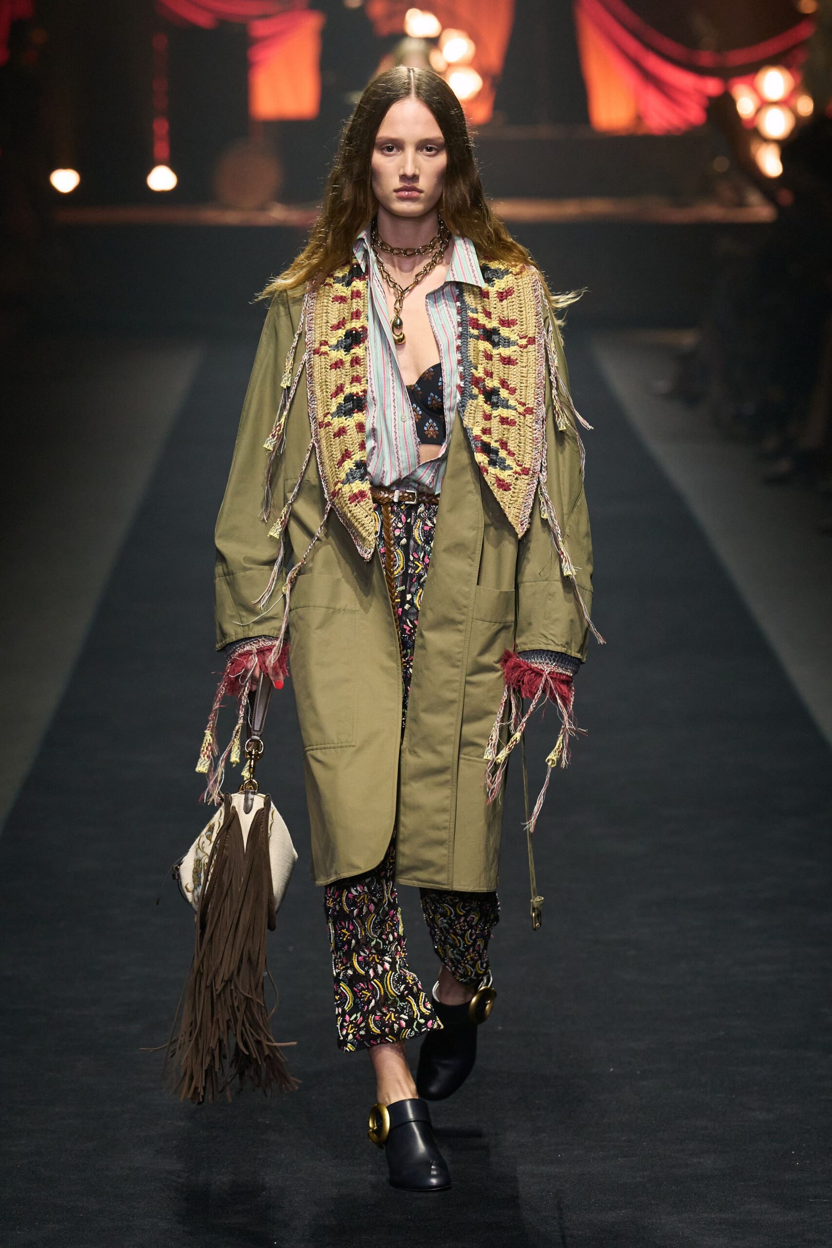 green embroidered coat with multi top