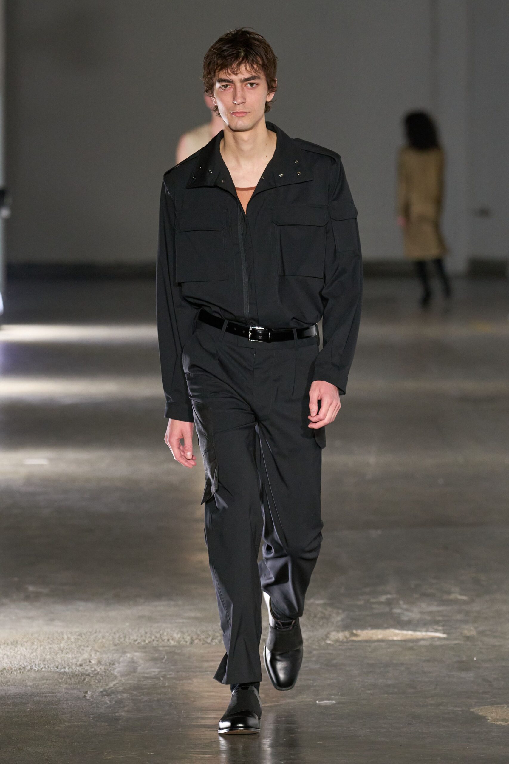 black fitted shirt and pants