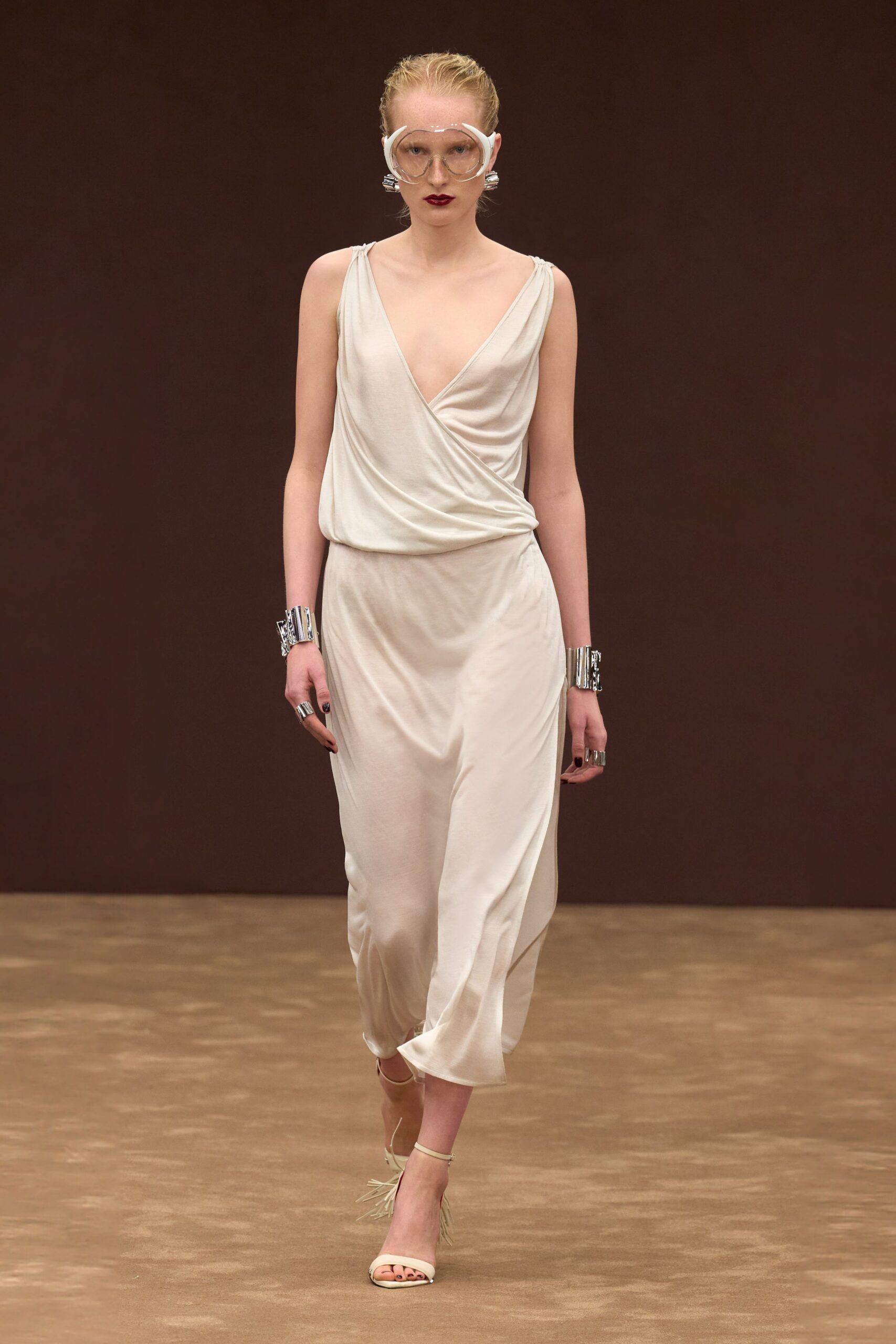white silk sleeveless v-neck fitted draped flowing dress