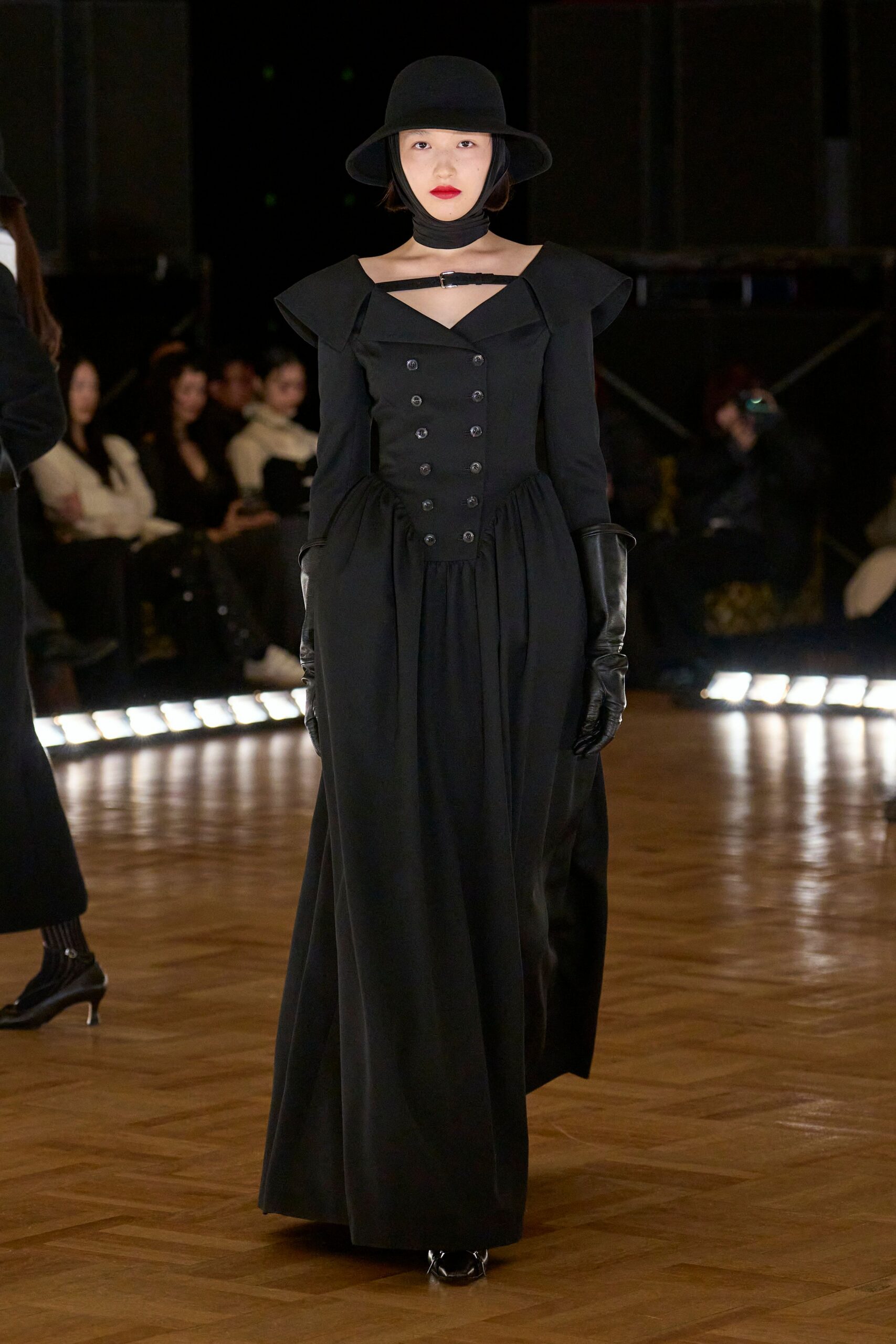 black fitted gown with hat