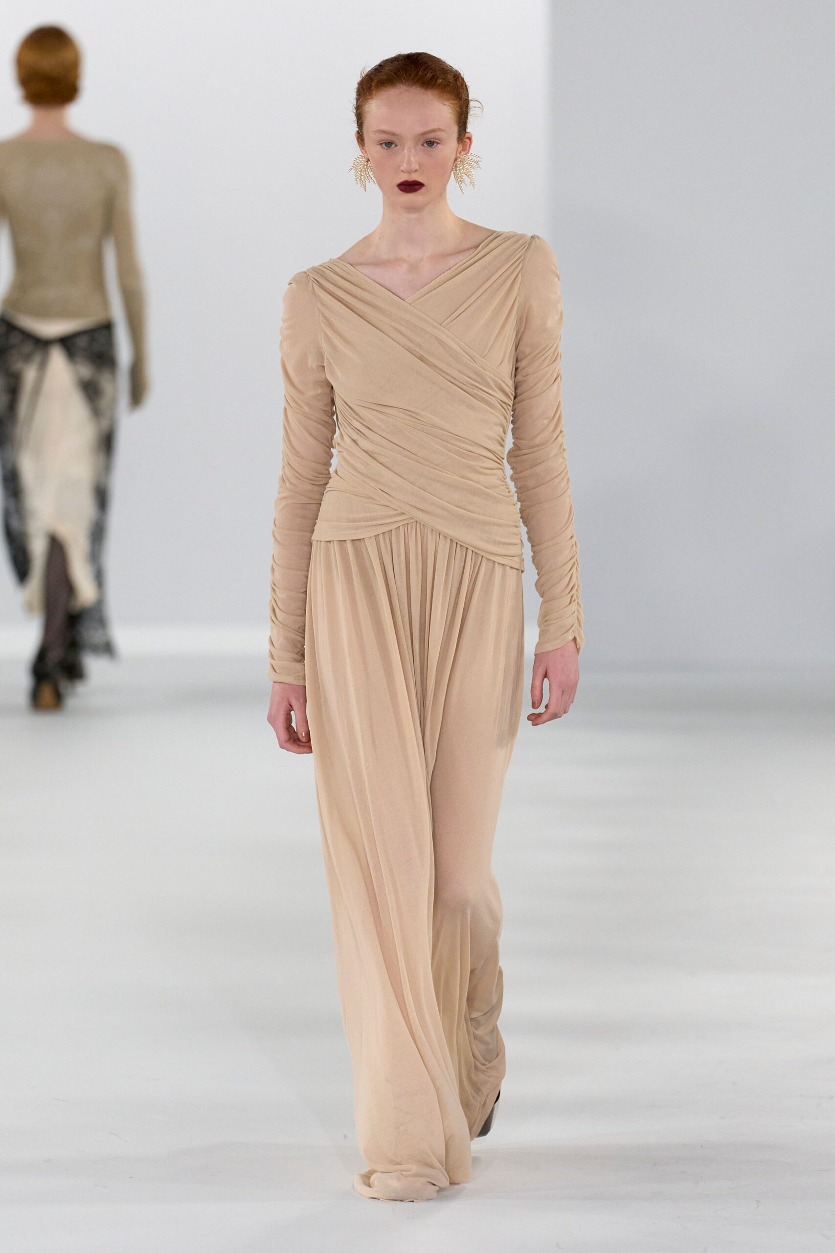 beige silk fitted gown