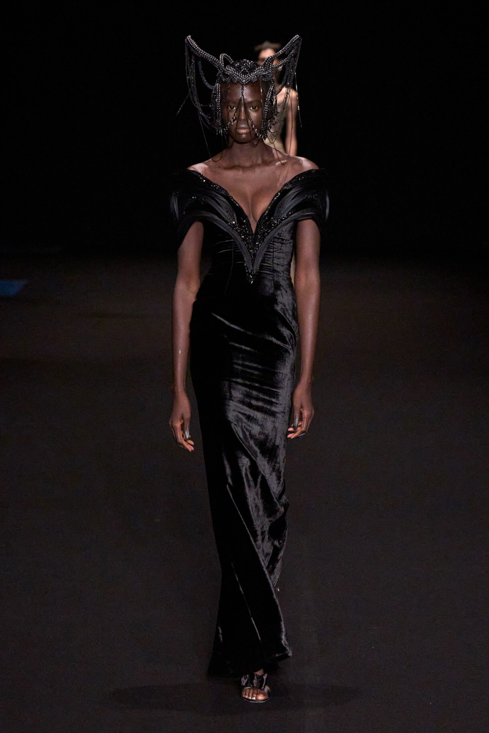 black velvet off-shoulder gown