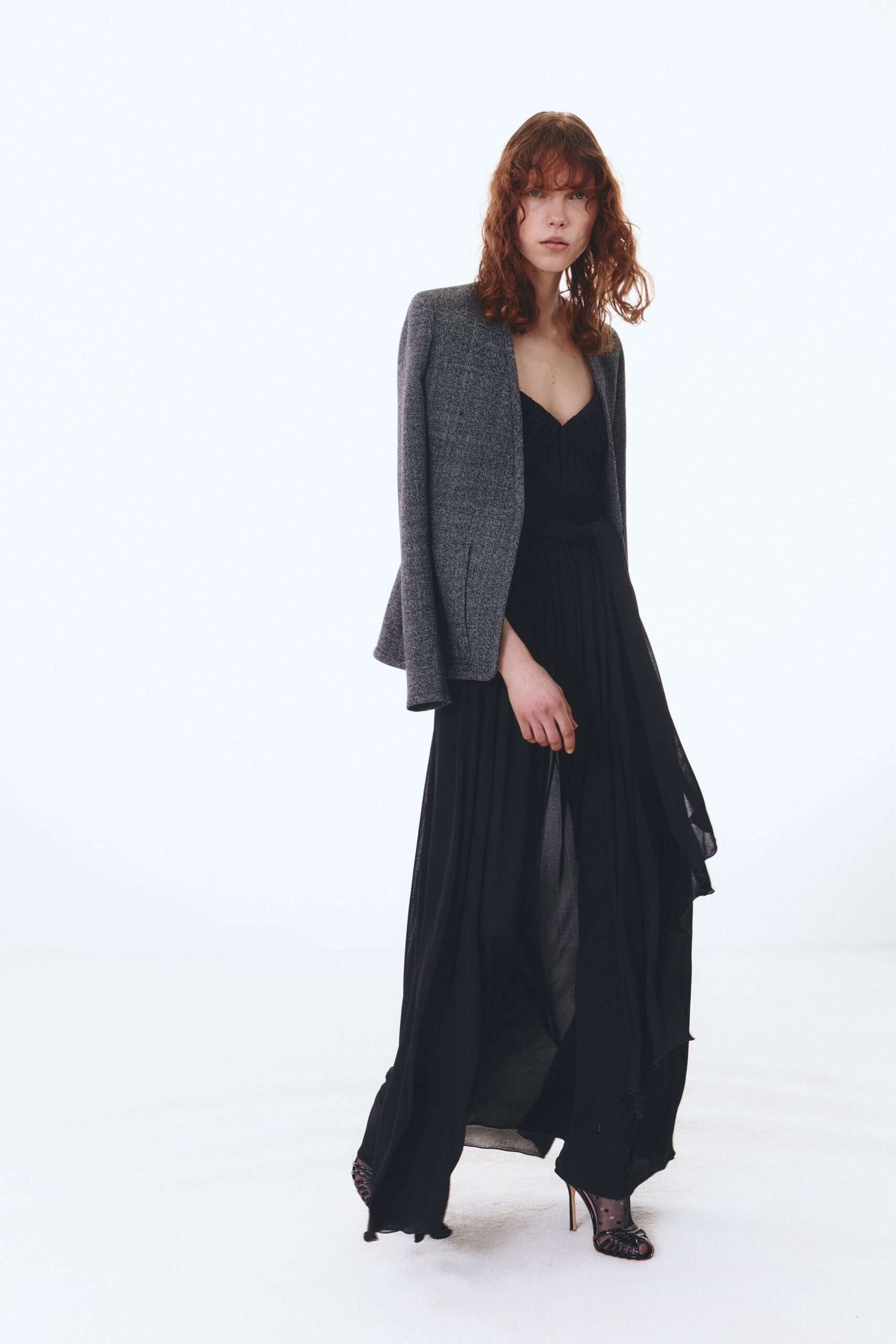 gray tweed blazer black gown