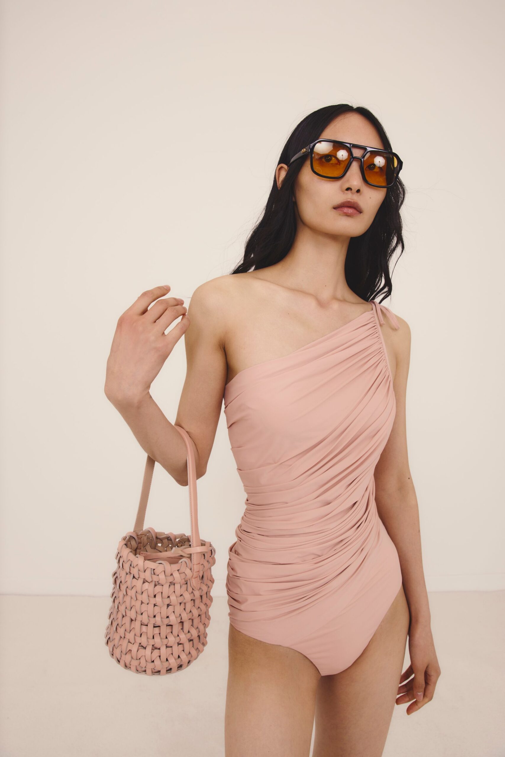 pink cotton sleeveless off-shoulder fitted ruched swimsuit
