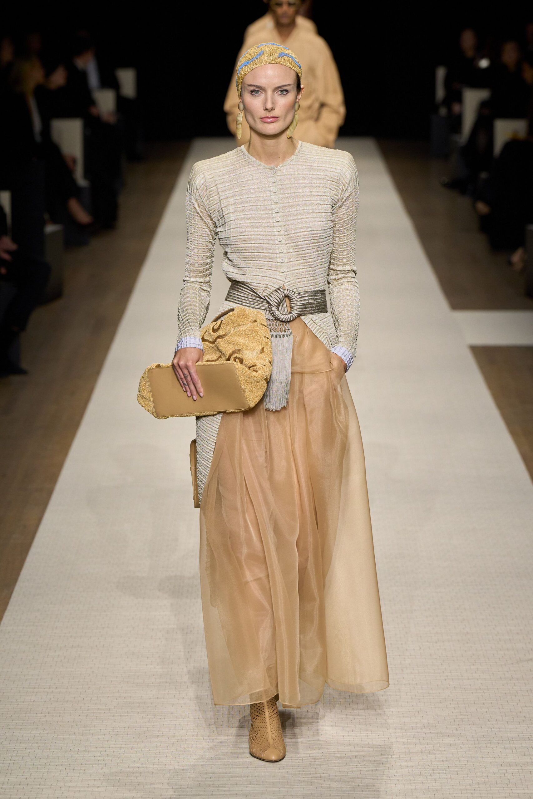 beige silk long-sleeve collared fitted layered pleated dress