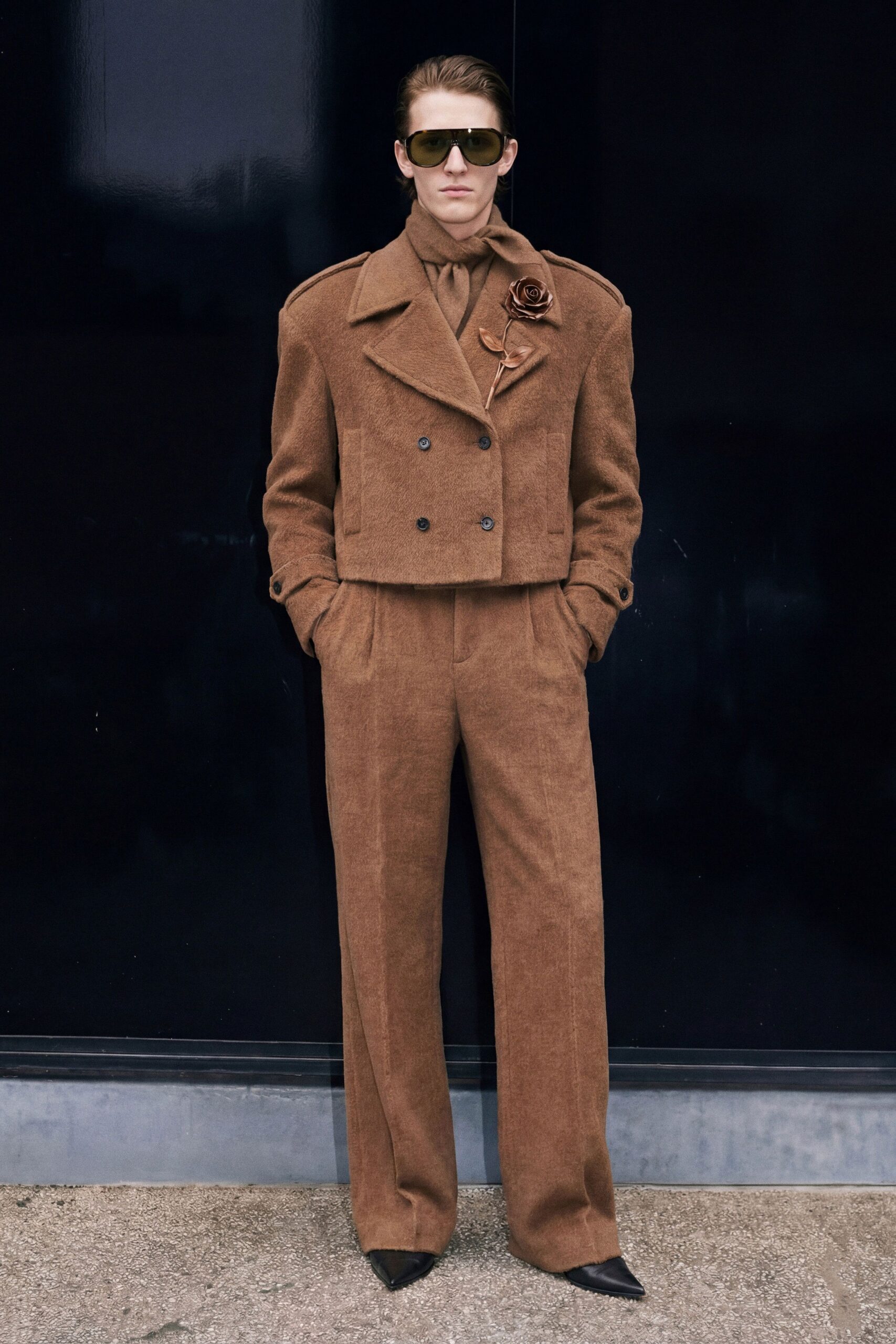 brown wool long-sleeve collared structured buttoned jacket