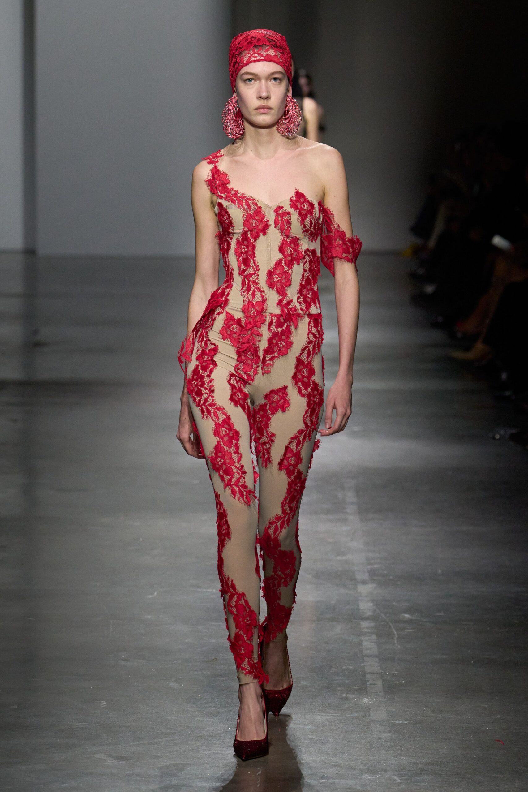 red lace sleeveless off-shoulder fitted embroidered catsuit
