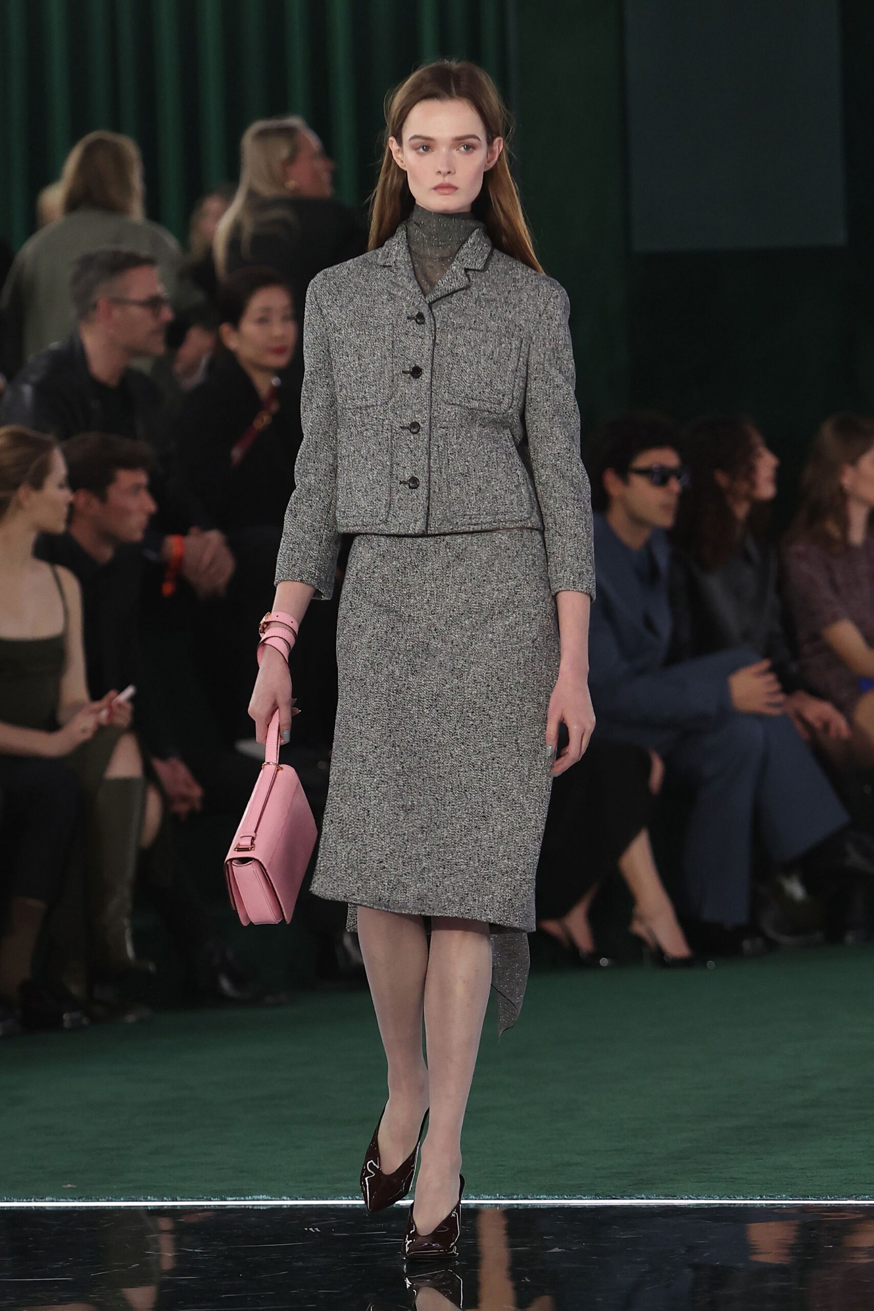 gray tweed long-sleeve collared tailored buttoned jacket