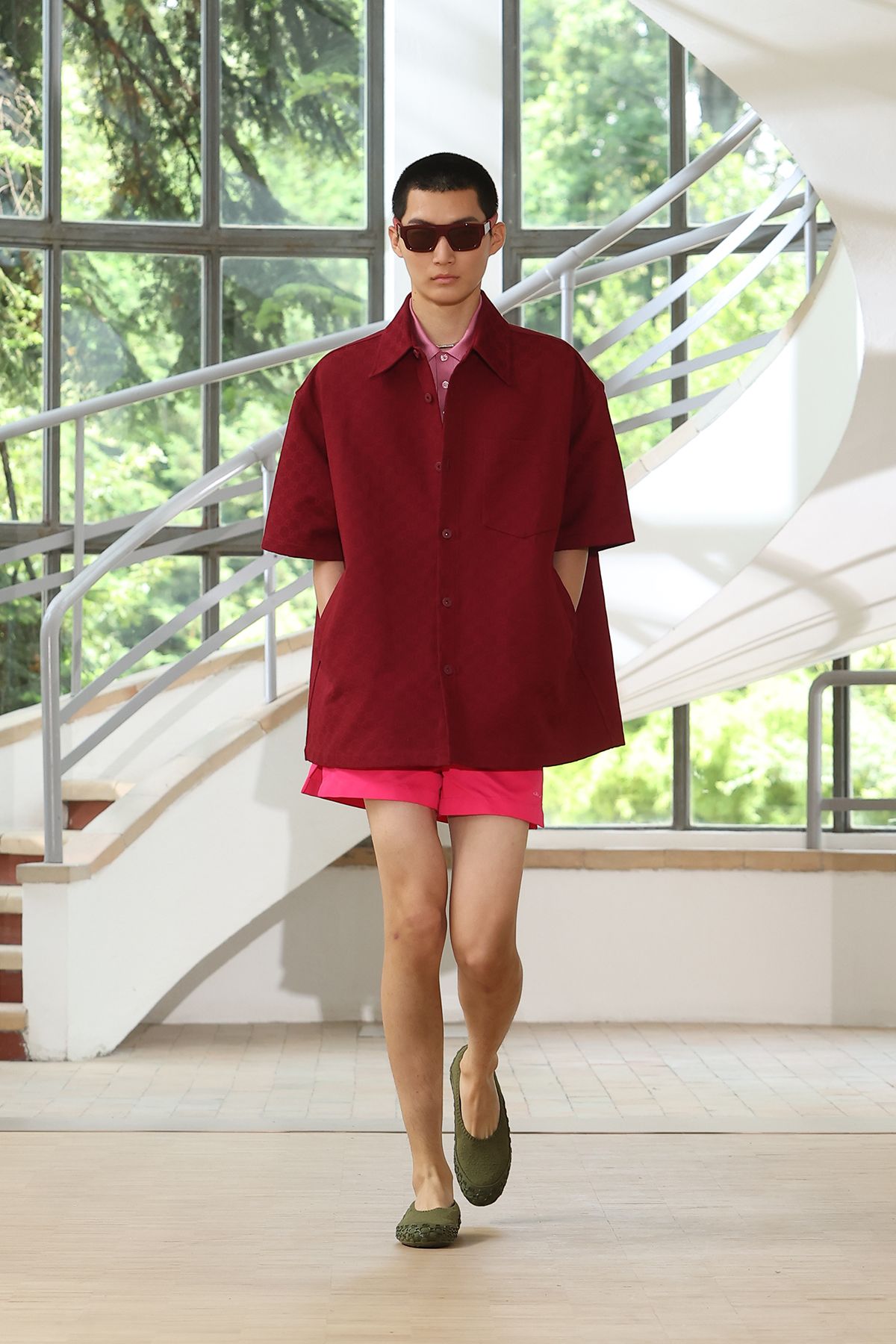 red cotton short-sleeve collared relaxed buttoned jacket