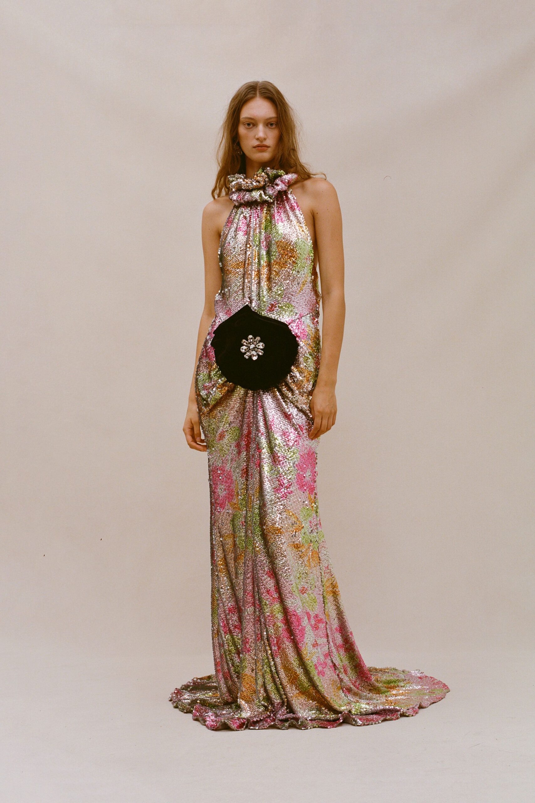 pink sequin sleeveless high-neck fitted draped flared gown