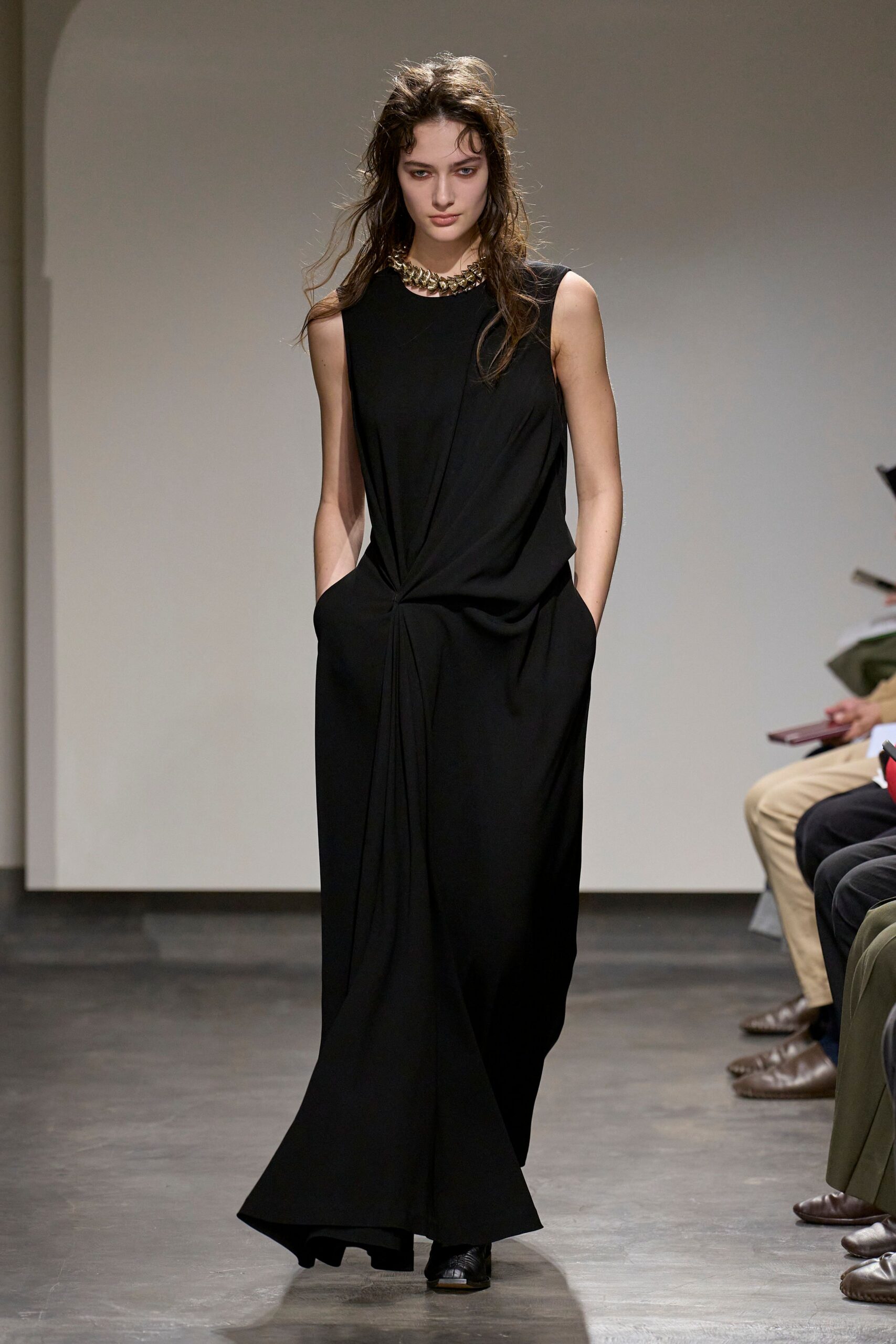 black cotton sleeveless high-neck fitted draped pockets dress