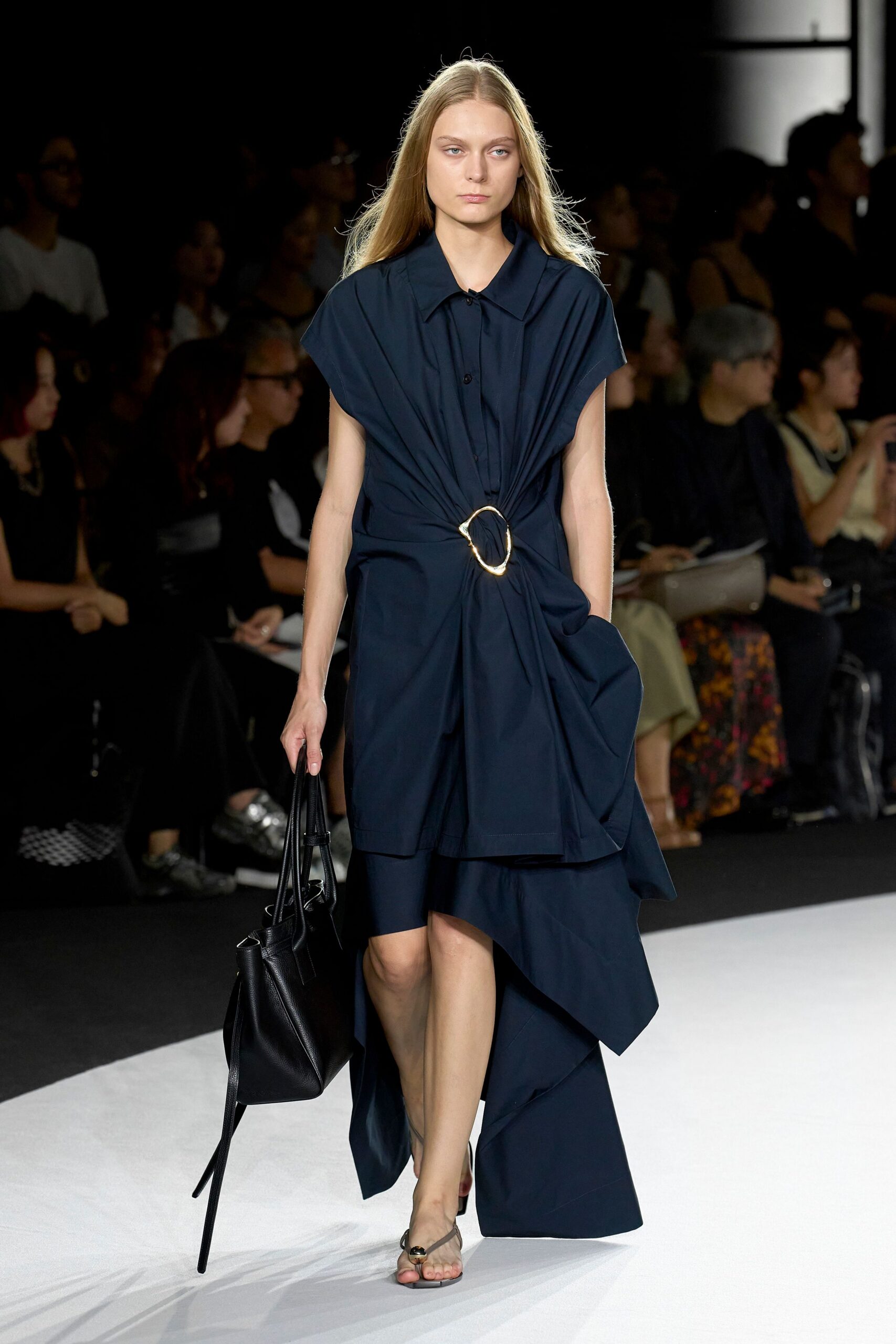 blue cotton sleeveless collared relaxed draped midi dress