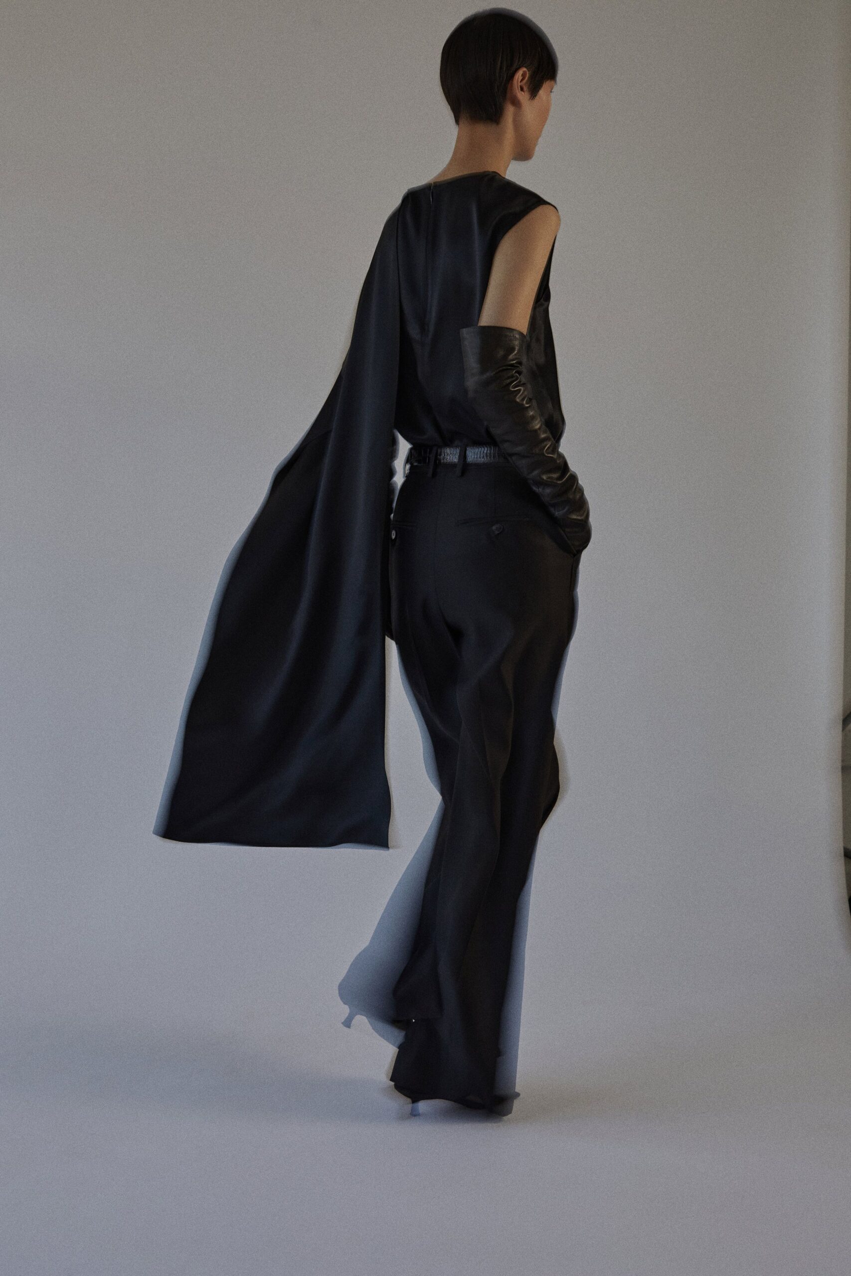 black silk top and tailored pants