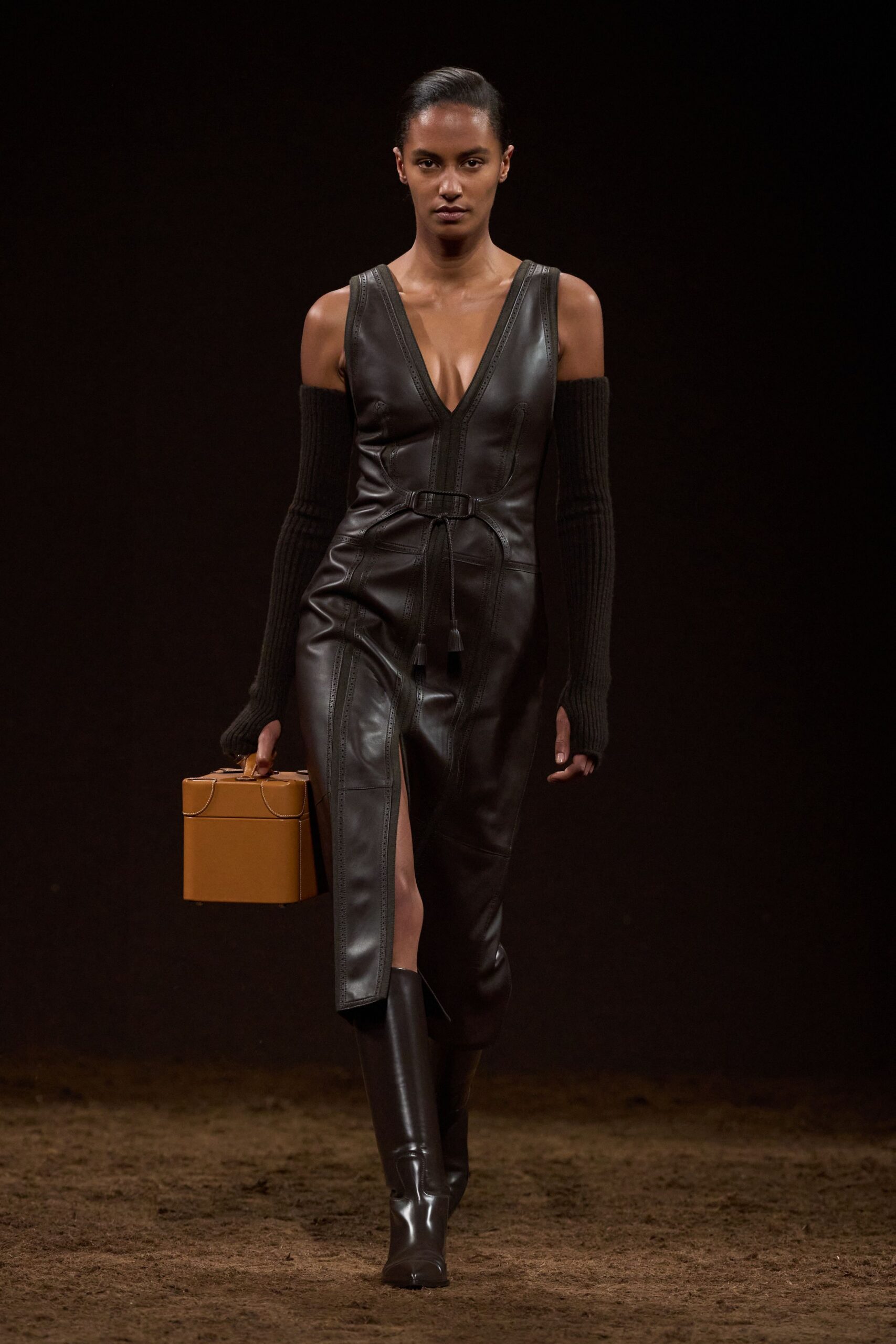 black leather sleeveless v-neck fitted zippered midi dress