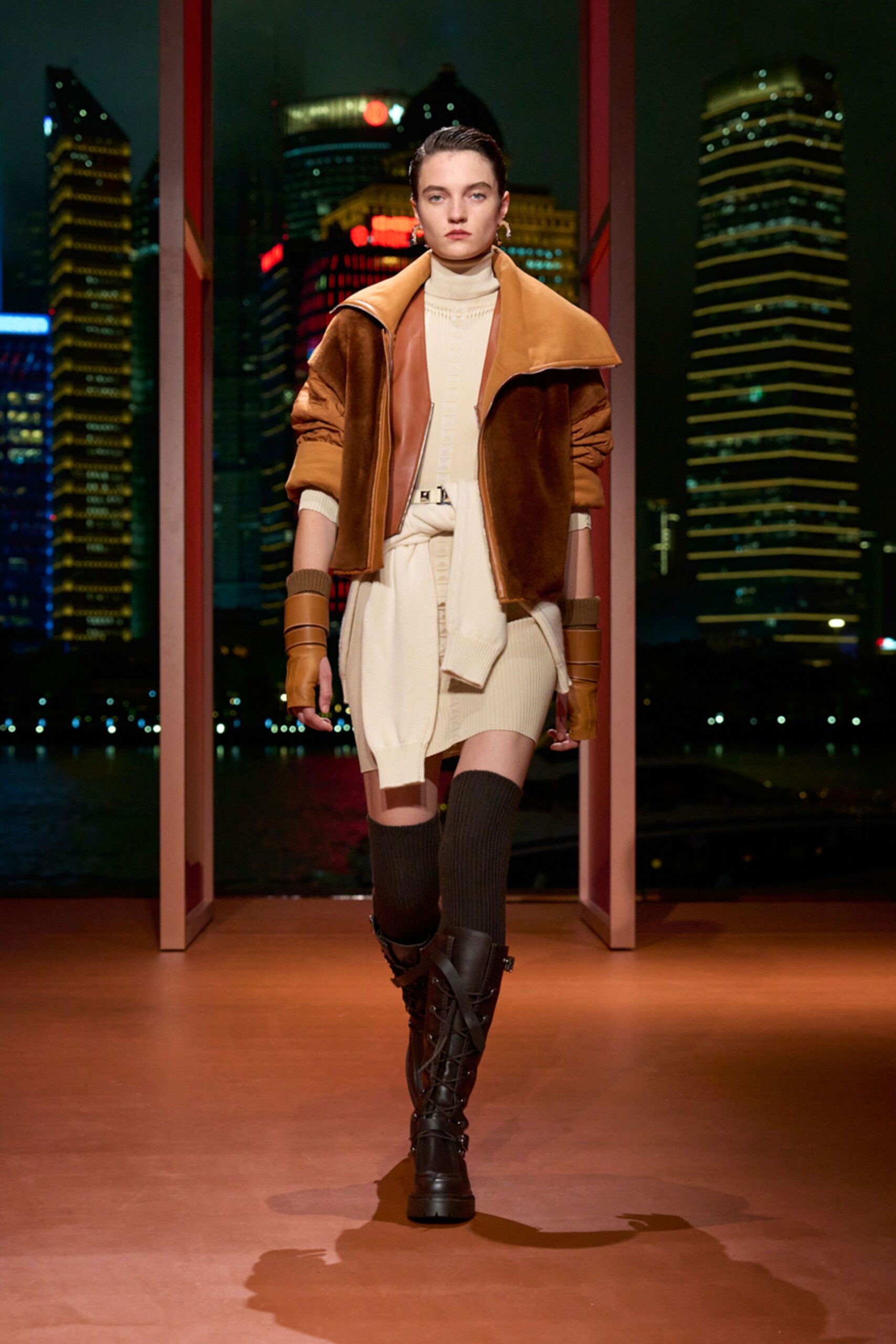 brown fur long-sleeve collared fitted zippered jacket