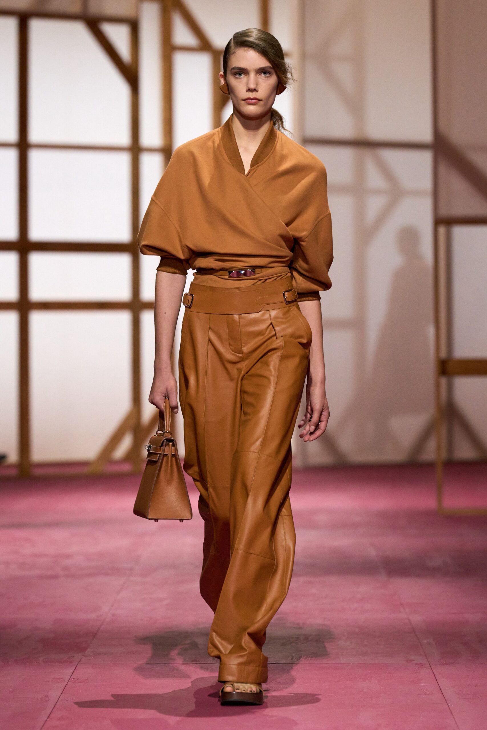 brown leather top and pants