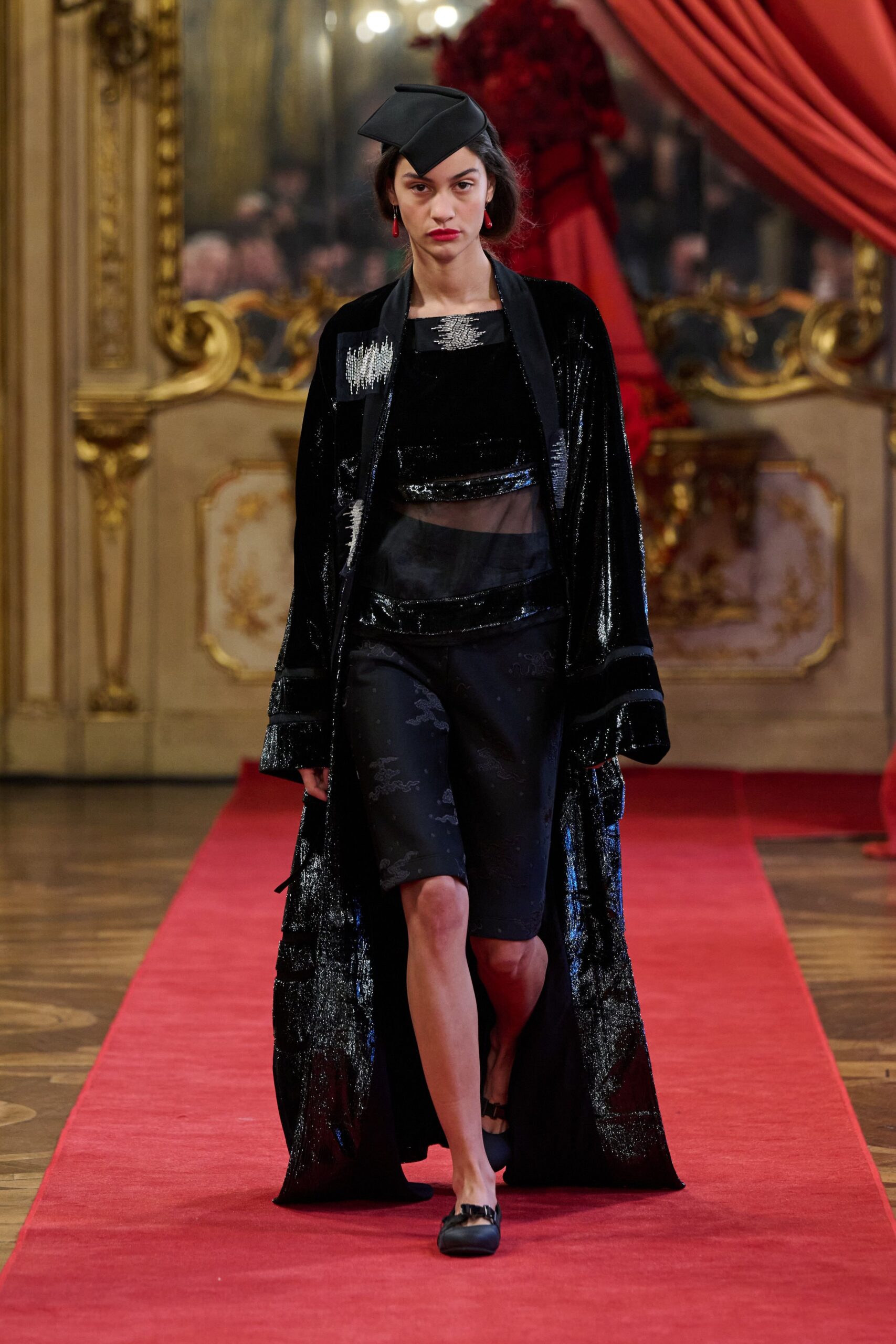 black velvet long-sleeve relaxed draped shiny coat