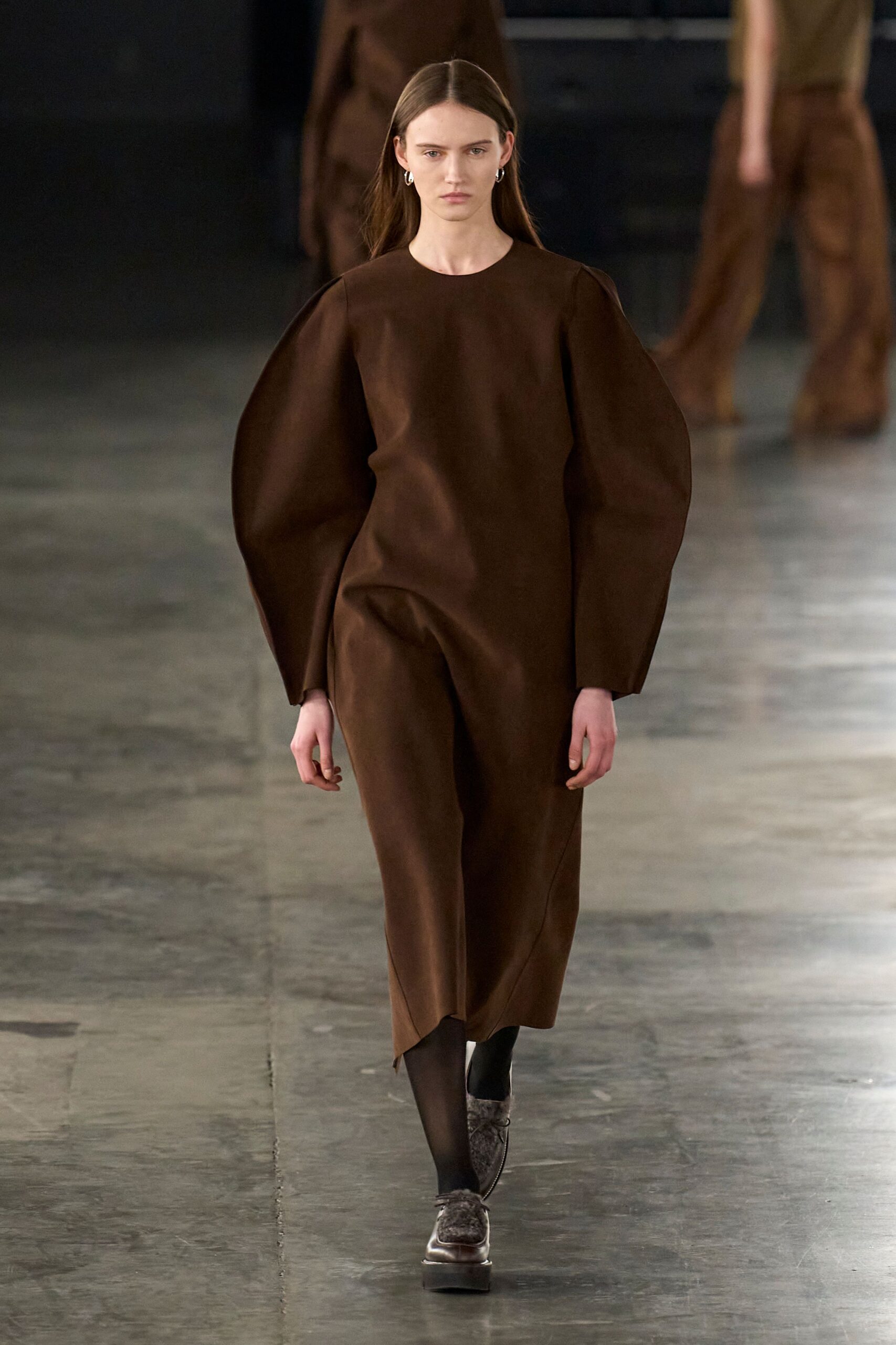 brown wool long-sleeve high-neck relaxed straight-leg midi dress