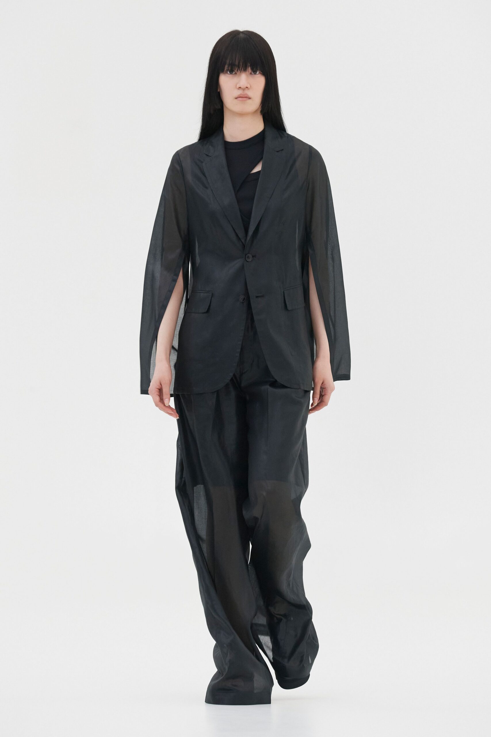 black silk long-sleeve collared structured sheer blazer