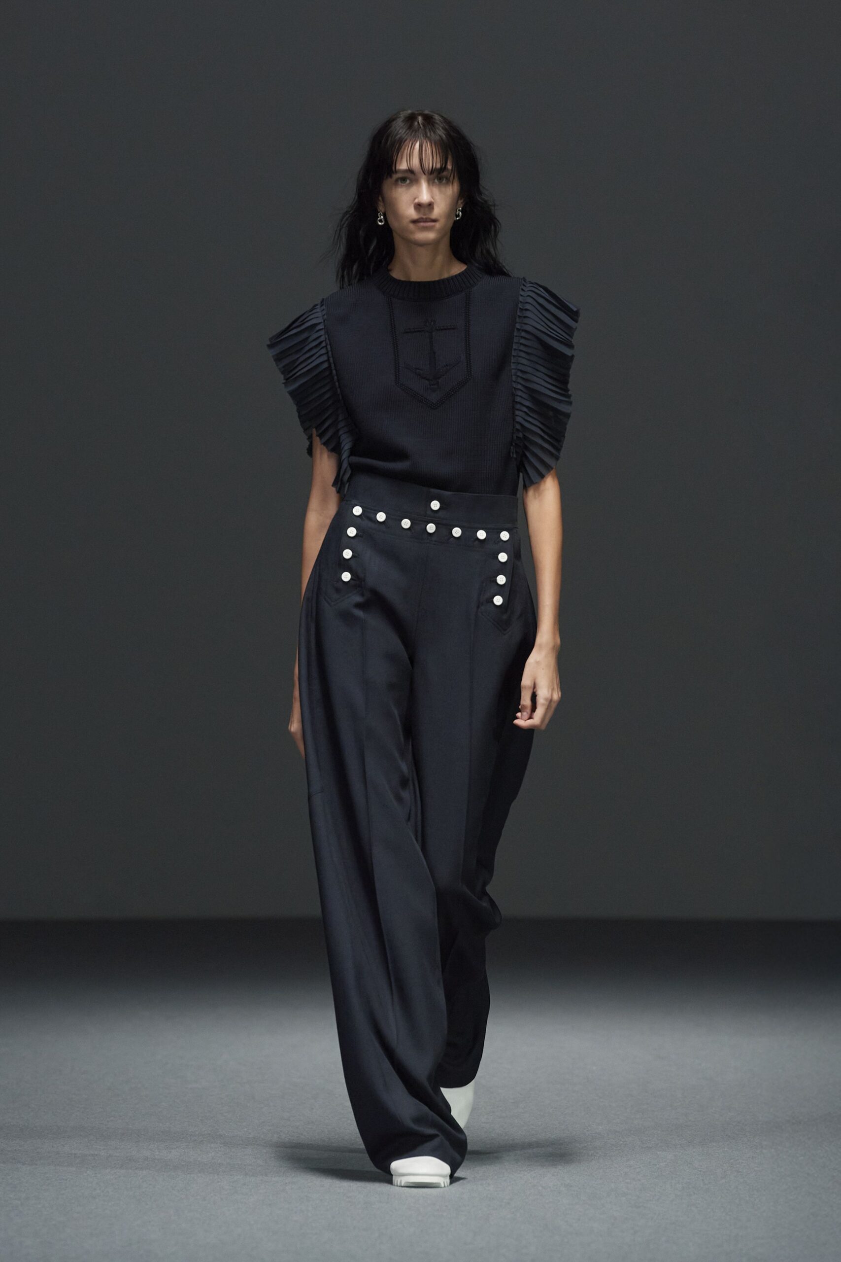 black cotton tailored wide-leg buttoned pants