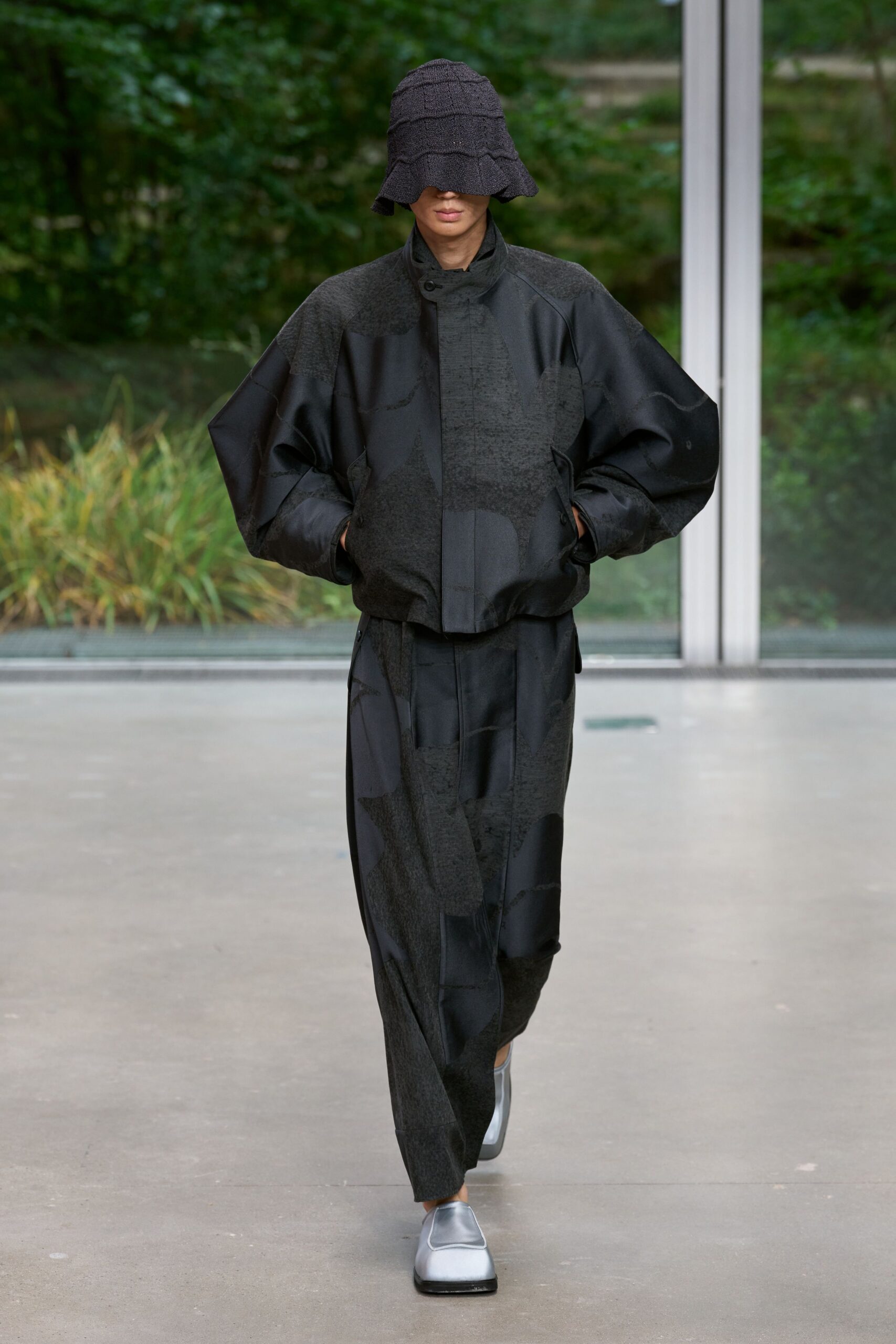 black oversized jacket with wide-leg pants