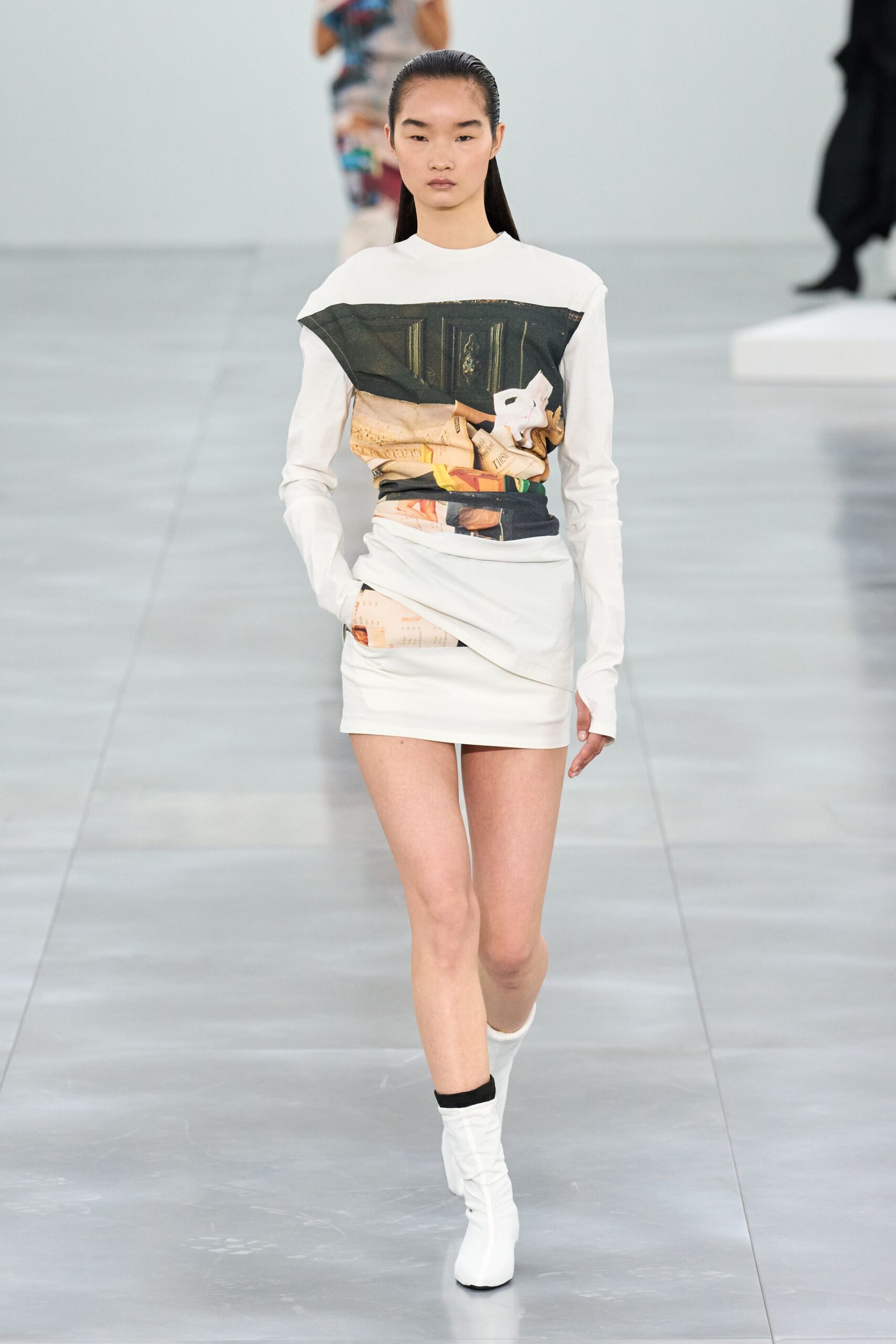 white cotton long-sleeve high-neck fitted printed mini dress