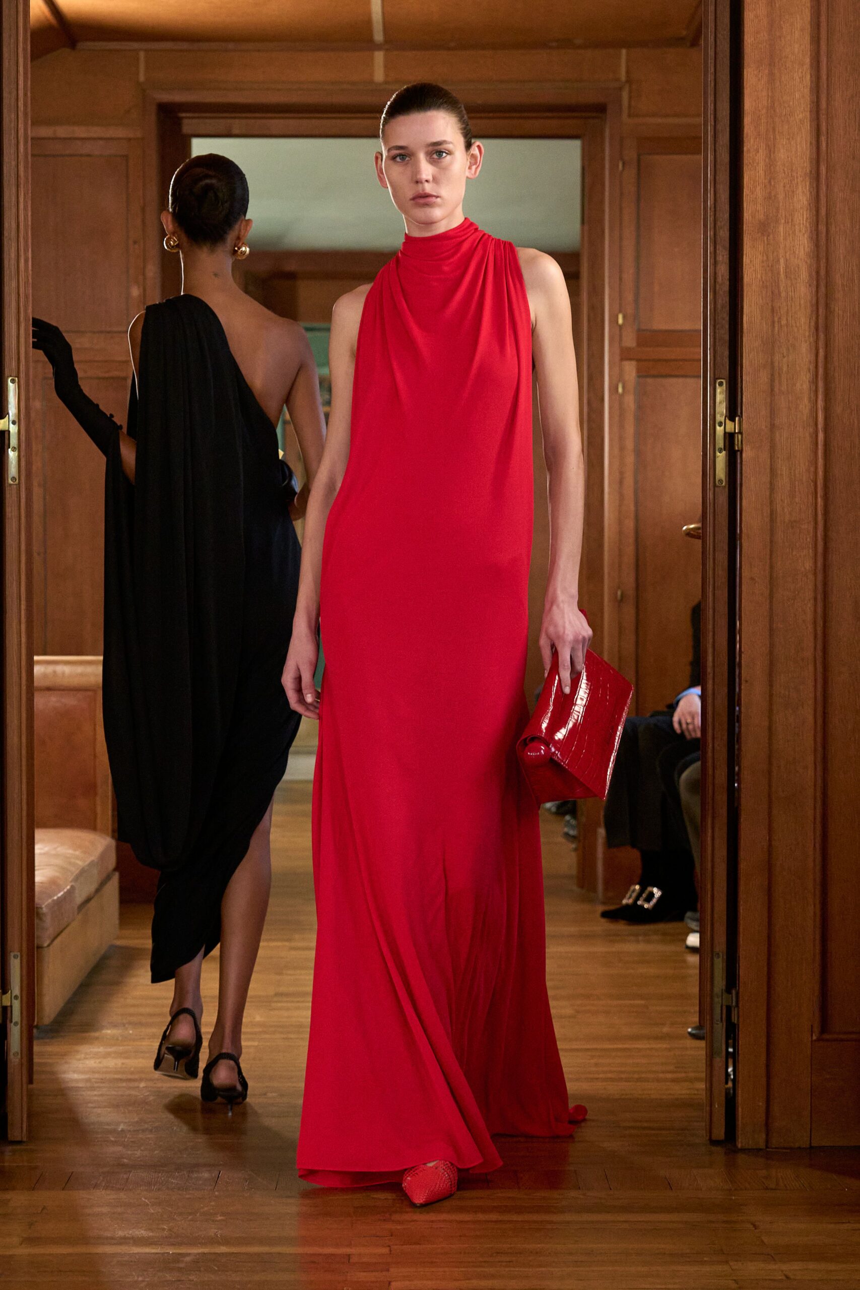 red silk sleeveless high-neck fitted draped maxi gown