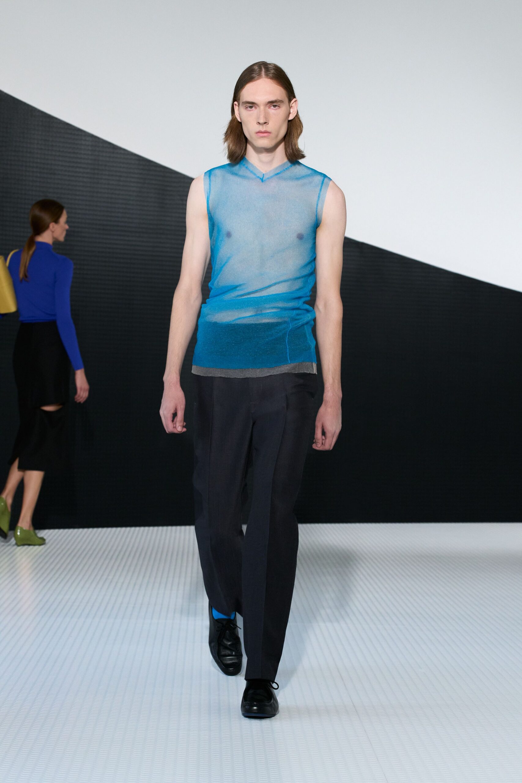 blue mesh sleeveless v-neck fitted layered sheer top