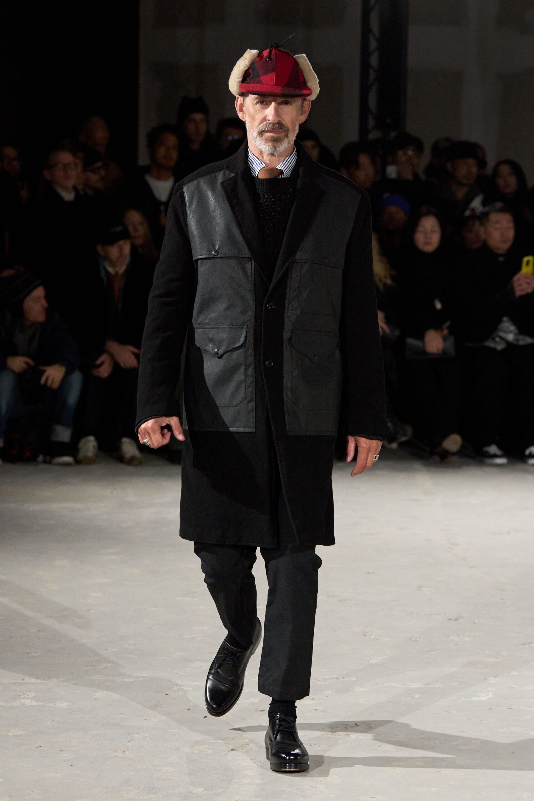 black leather coat with hat