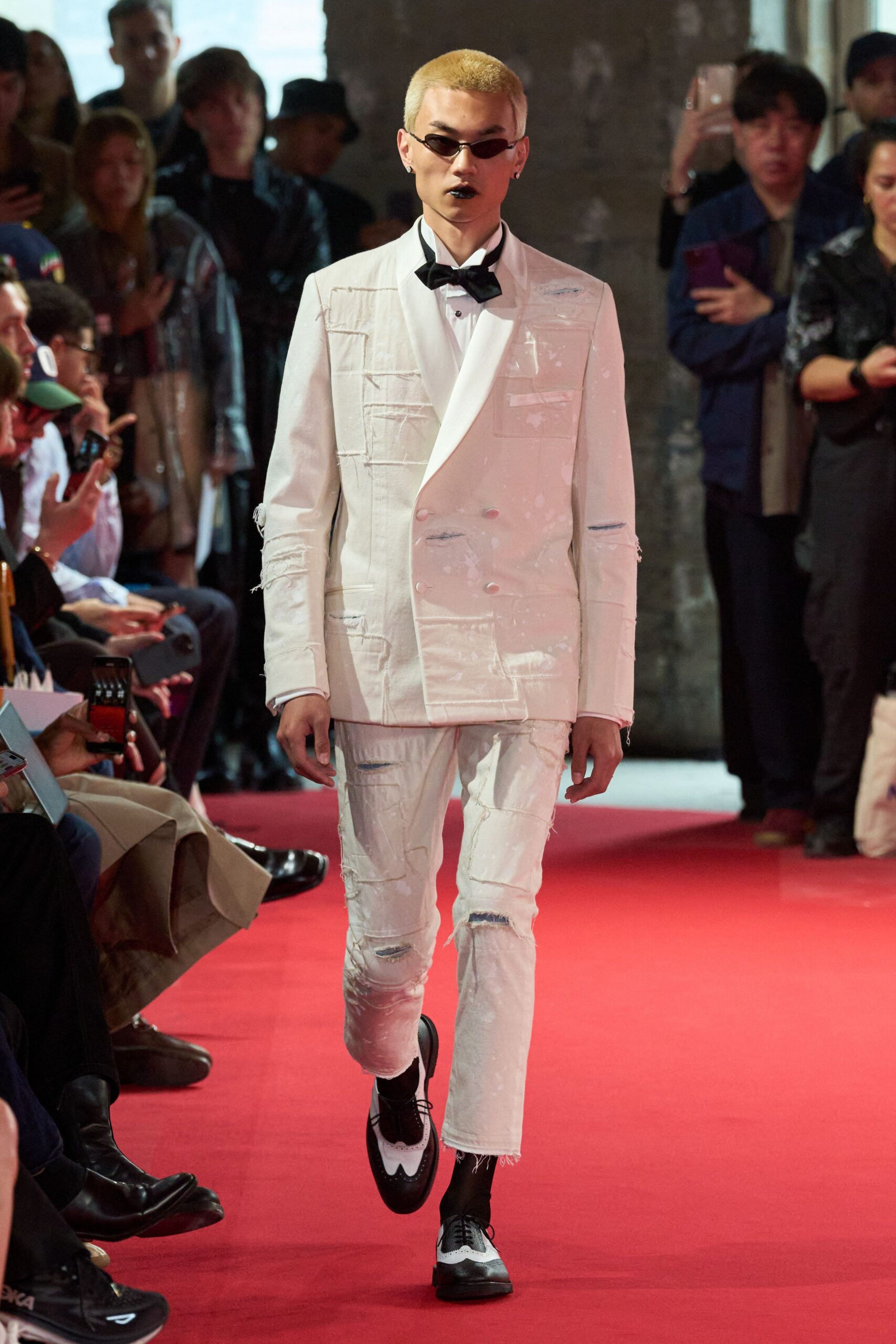 white vinyl long-sleeve collared fitted zippered buttoned suit