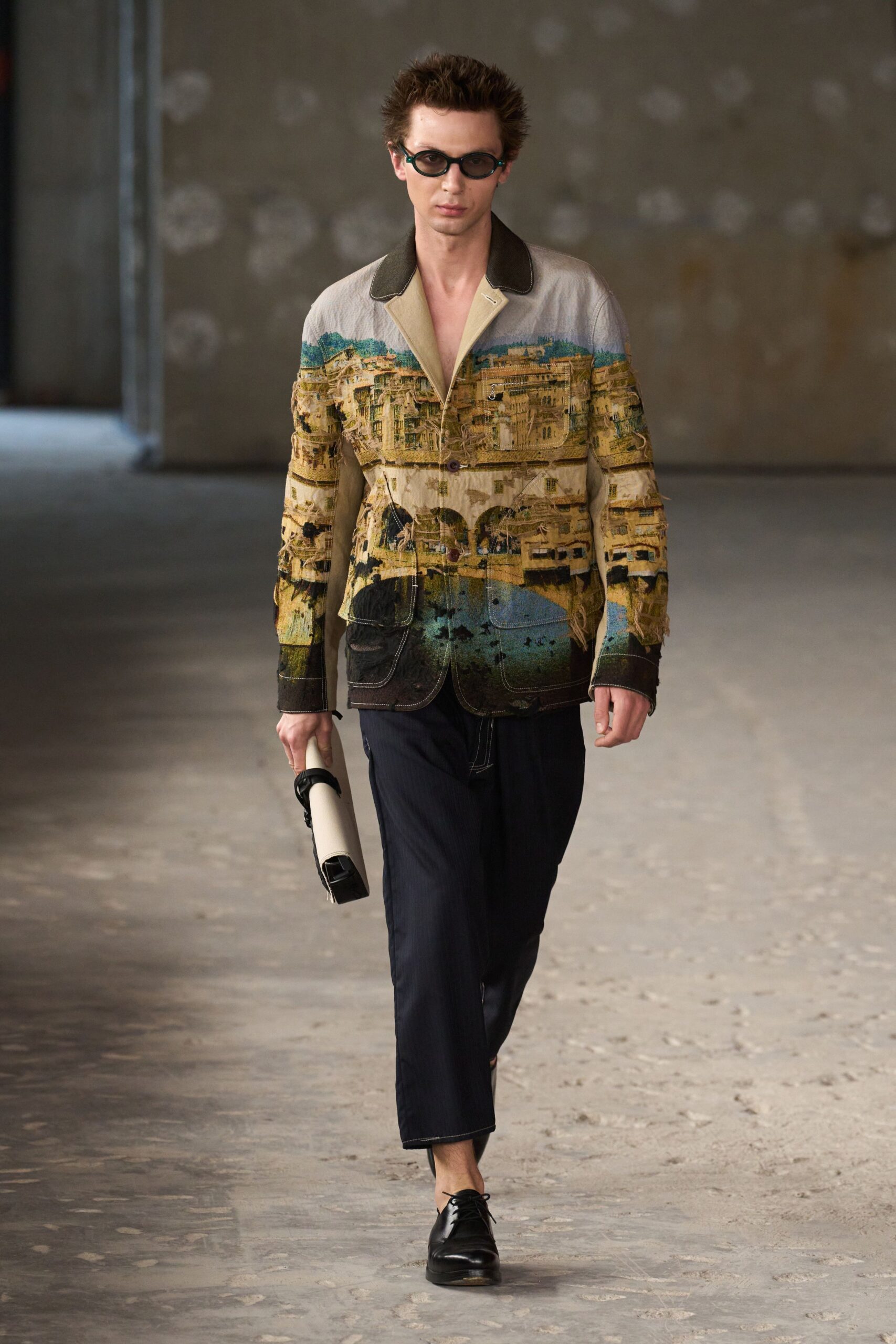 multi-colored blazer with relaxed pants