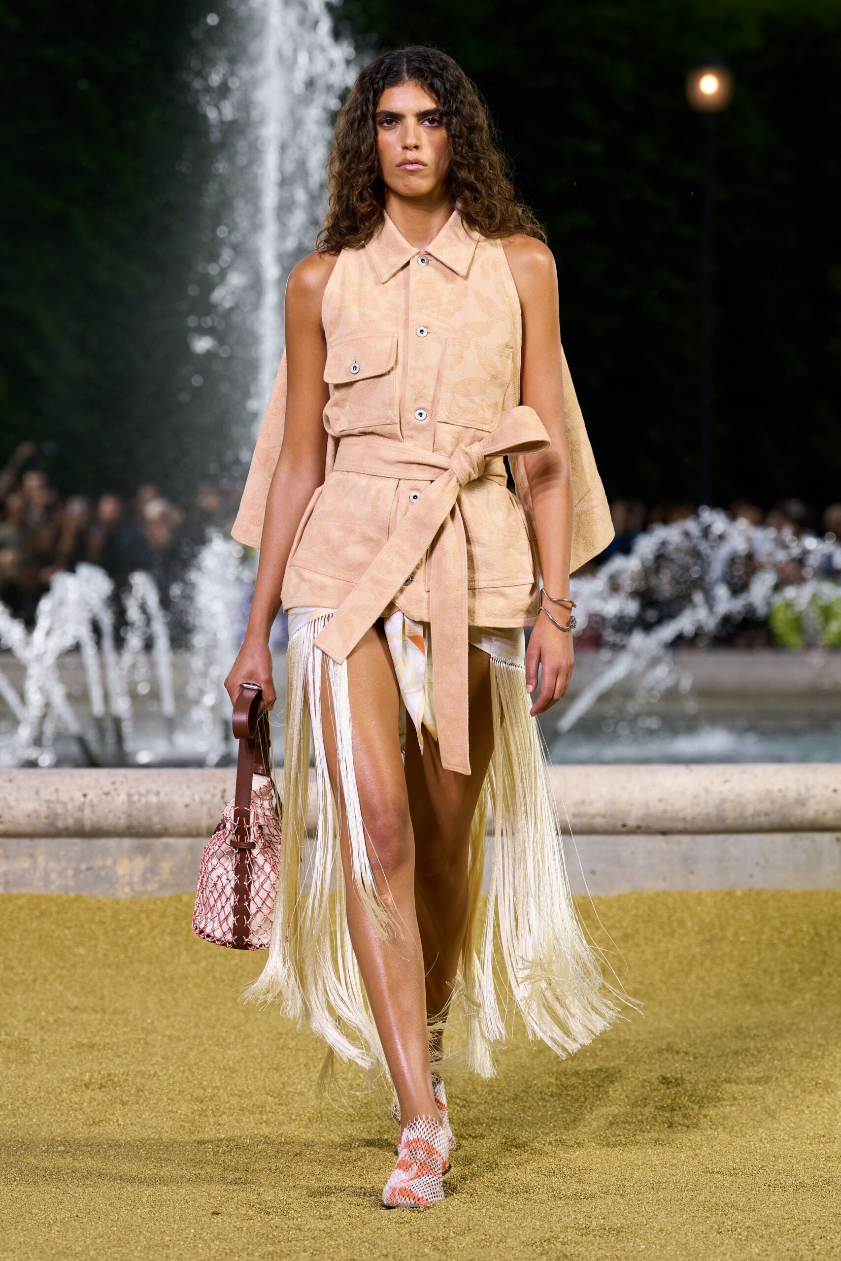 beige suede sleeveless collared fitted belted fringed top