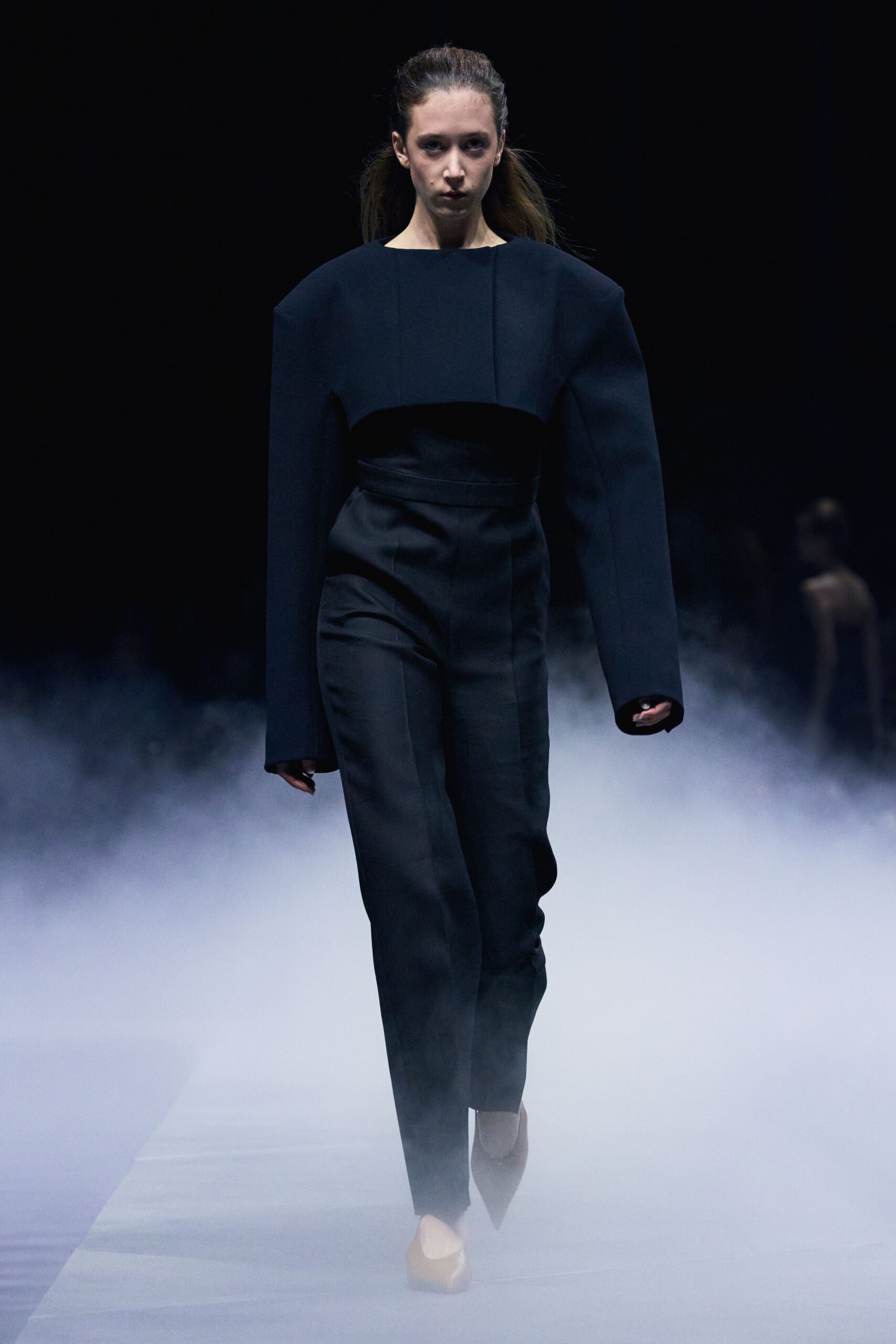 black wool long-sleeve collared structured straight-leg jumpsuit