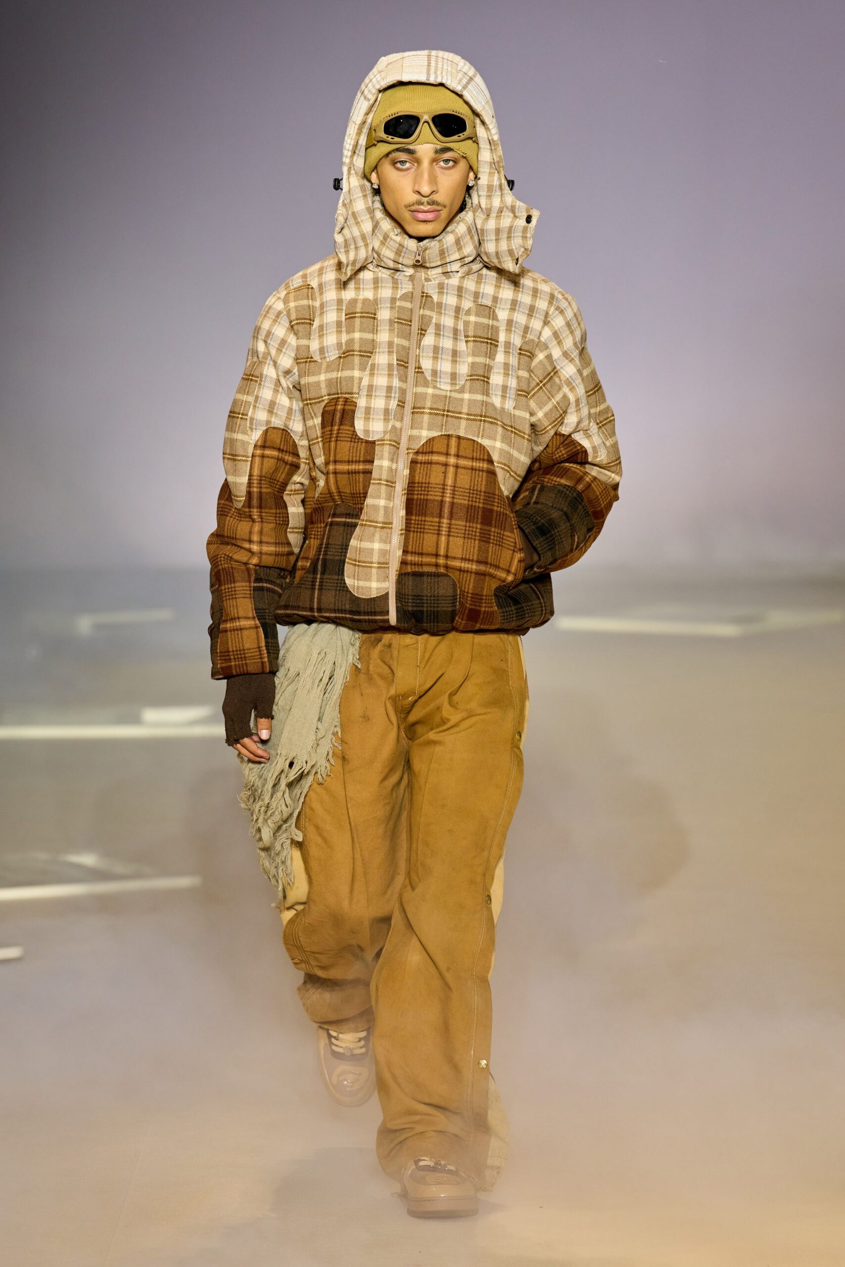 brown checked jacket with cargo pants