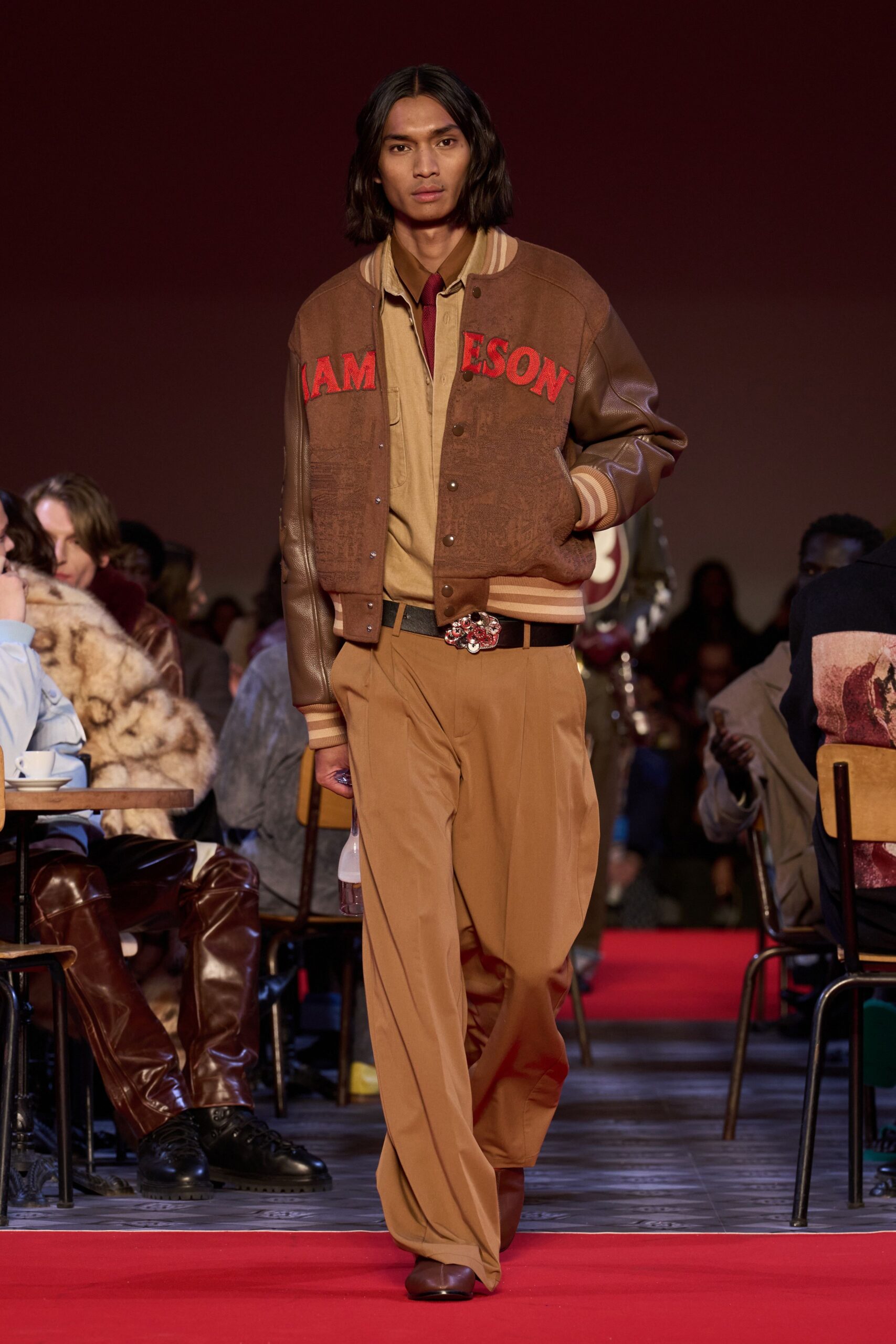 brown leather long-sleeve relaxed embroidered jacket