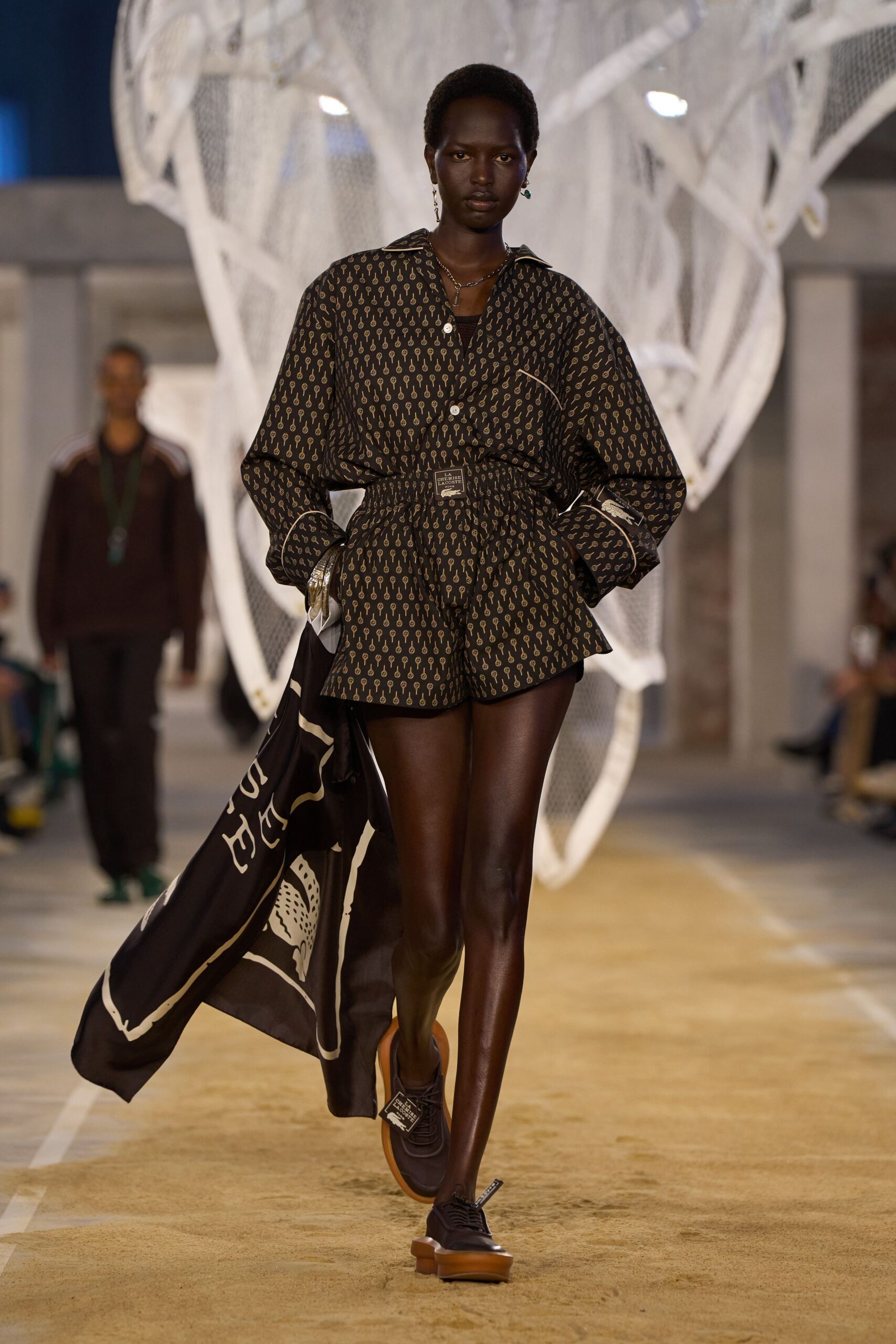 brown cotton long-sleeve collared relaxed printed shirt