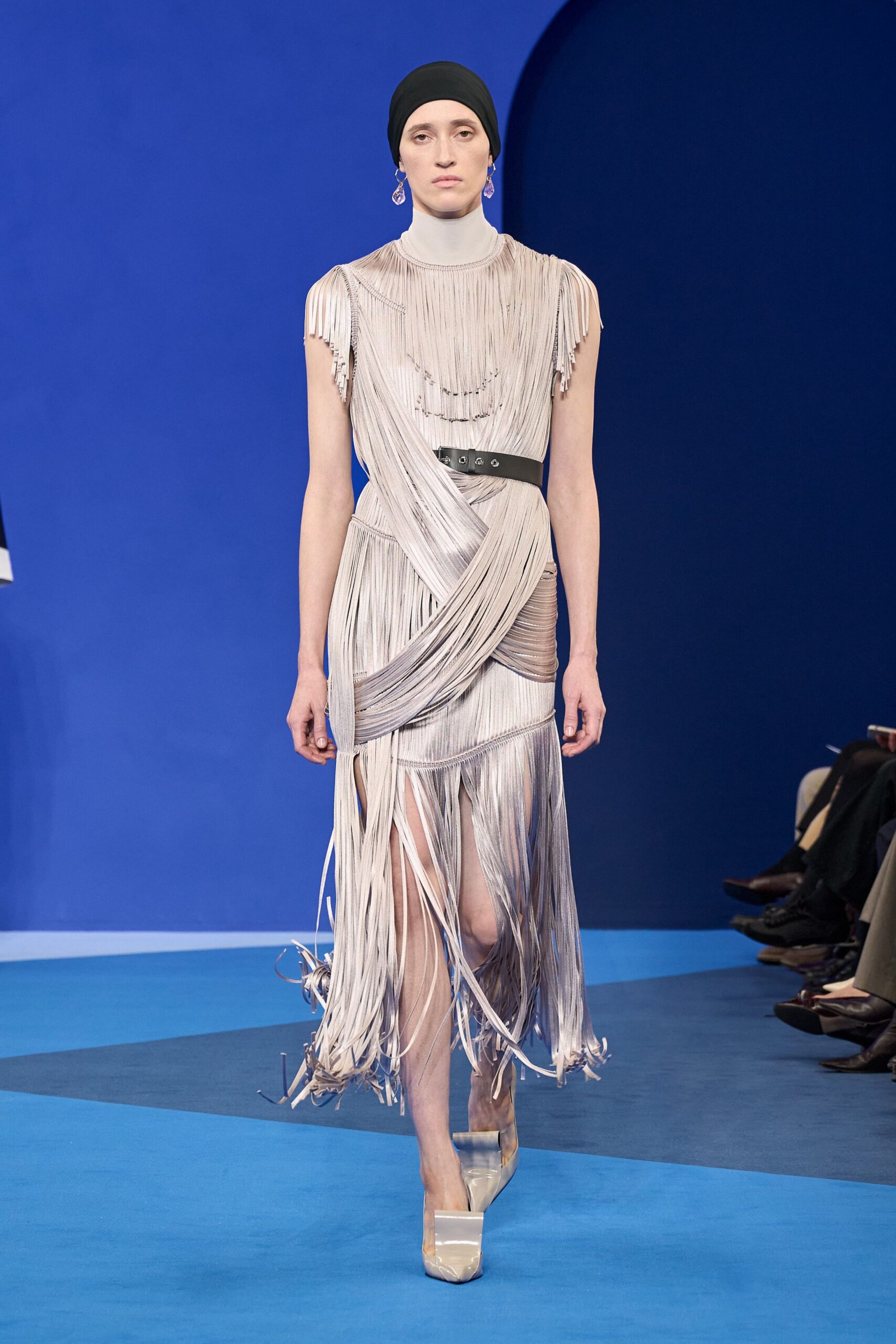 gray silk sleeveless v-neck fitted fringed draped dress