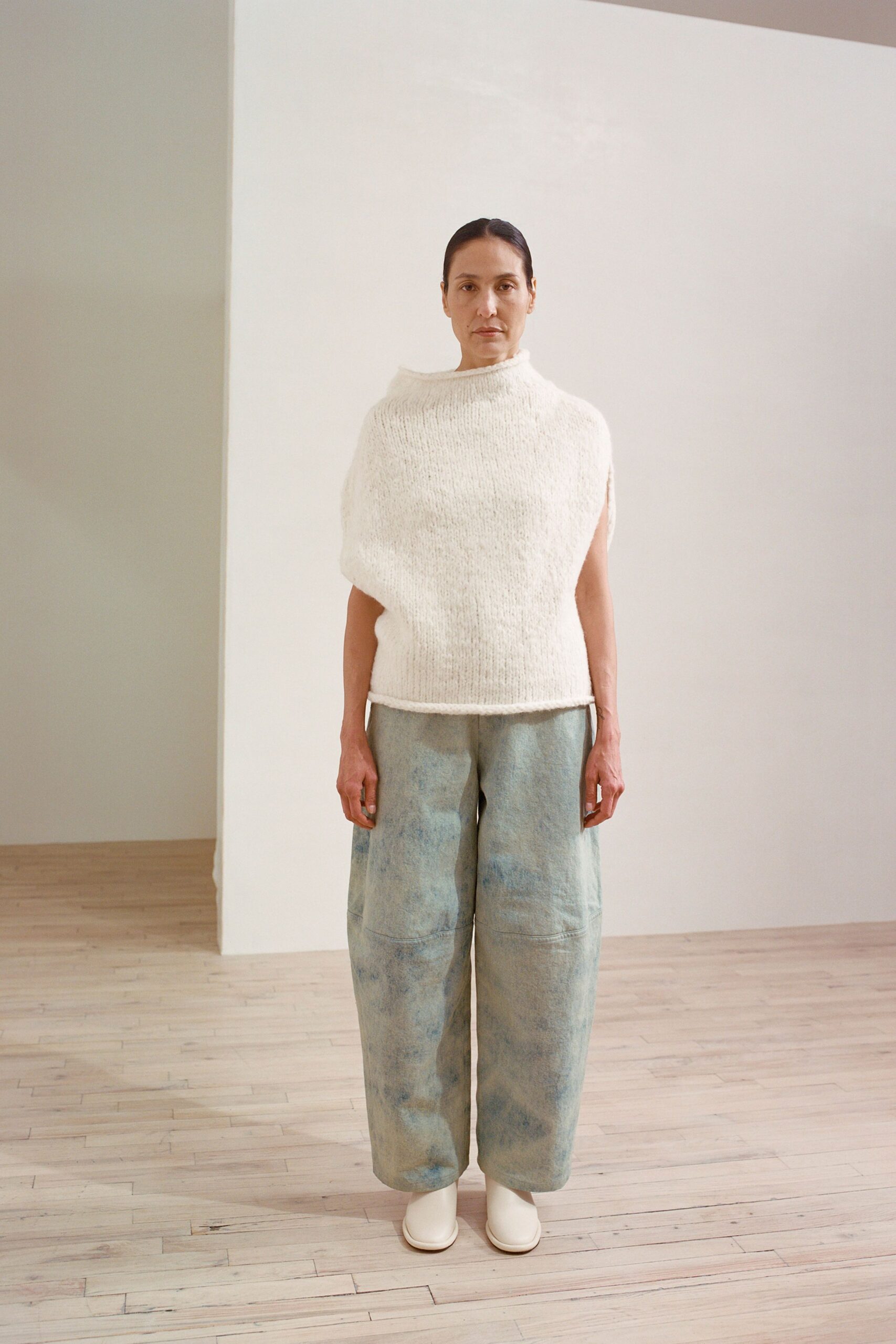white wool sleeveless relaxed textured top